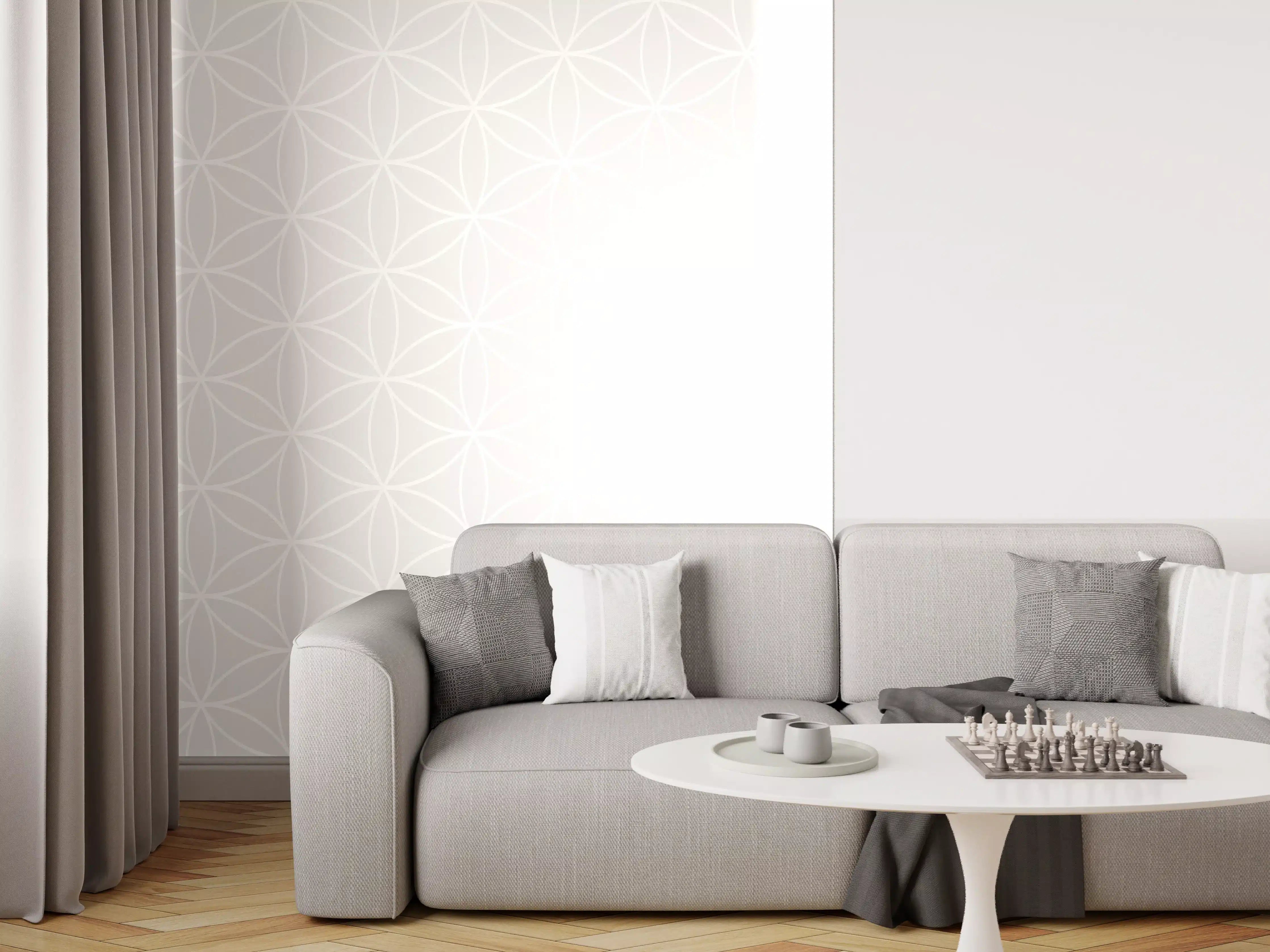 Wandverkleidung Wohnzimmer - Helles, abstraktes Muster mit Grautönen