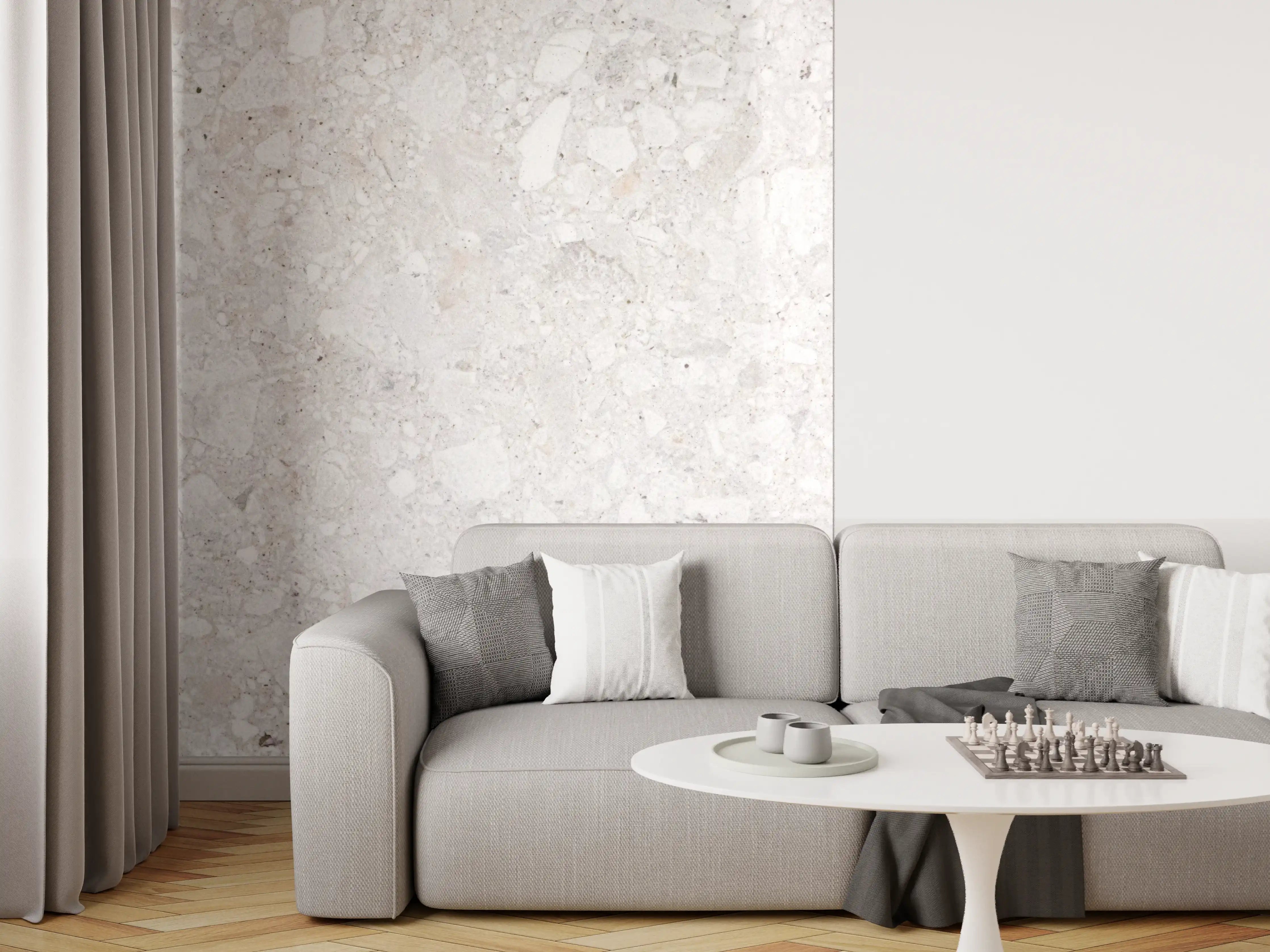 Wandverkleidung Wohnzimmer - Helles, fein strukturiertes Naturstein-Design