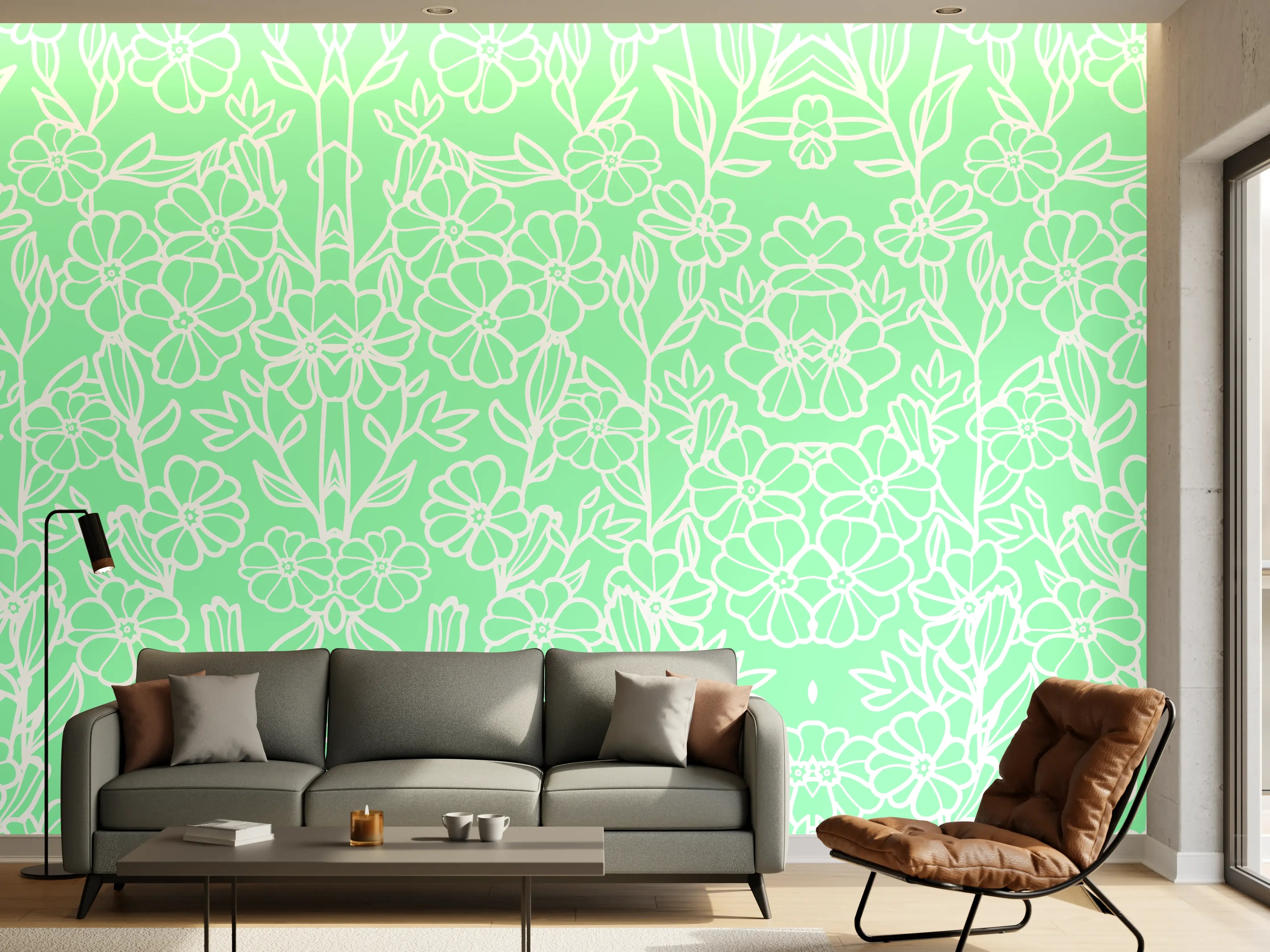 Wandverkleidung Wohnzimmer - Helles, florales Muster in Pastellgrün