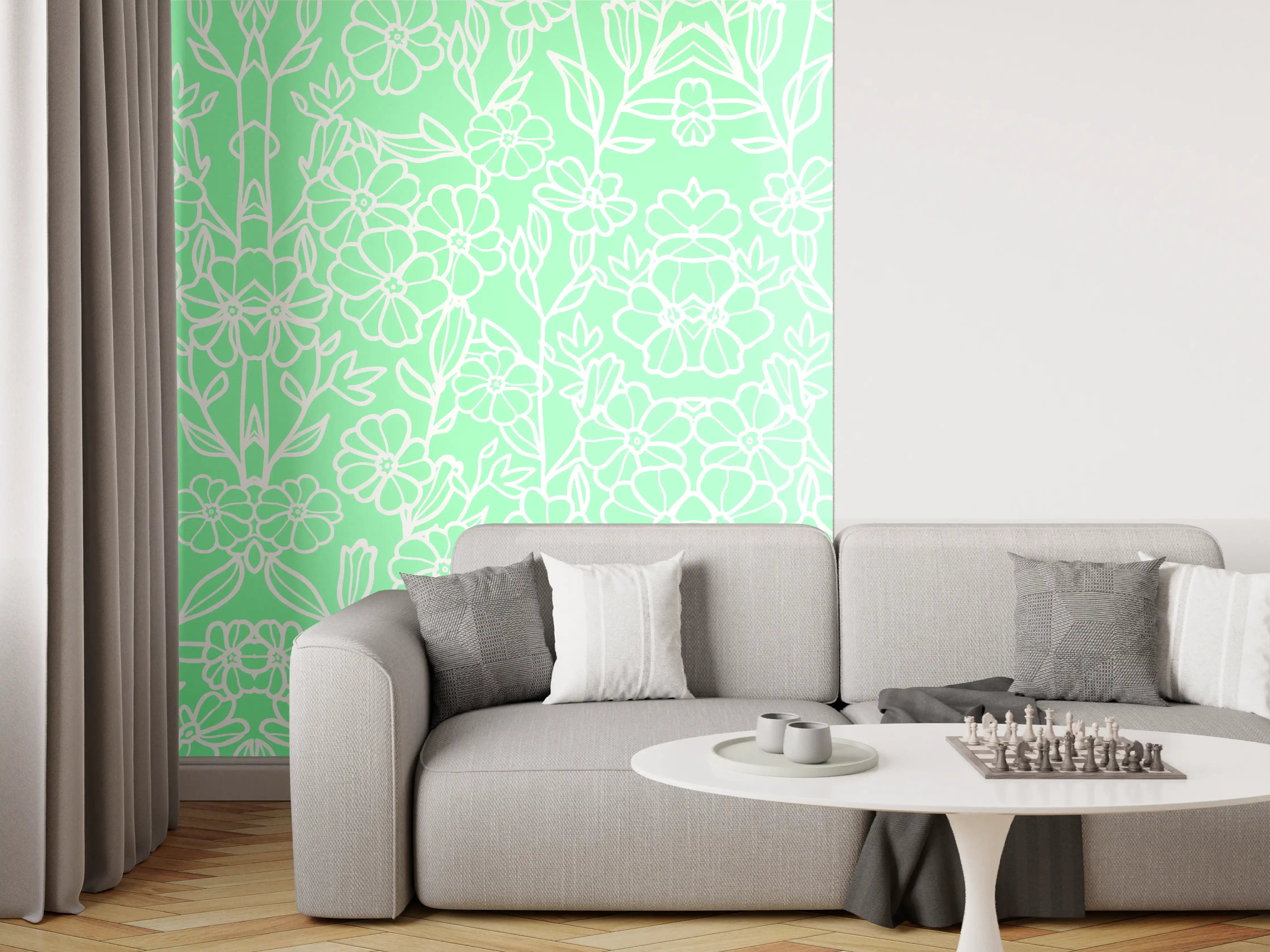 Wandverkleidung Wohnzimmer - Helles, florales Muster in Pastellgrün