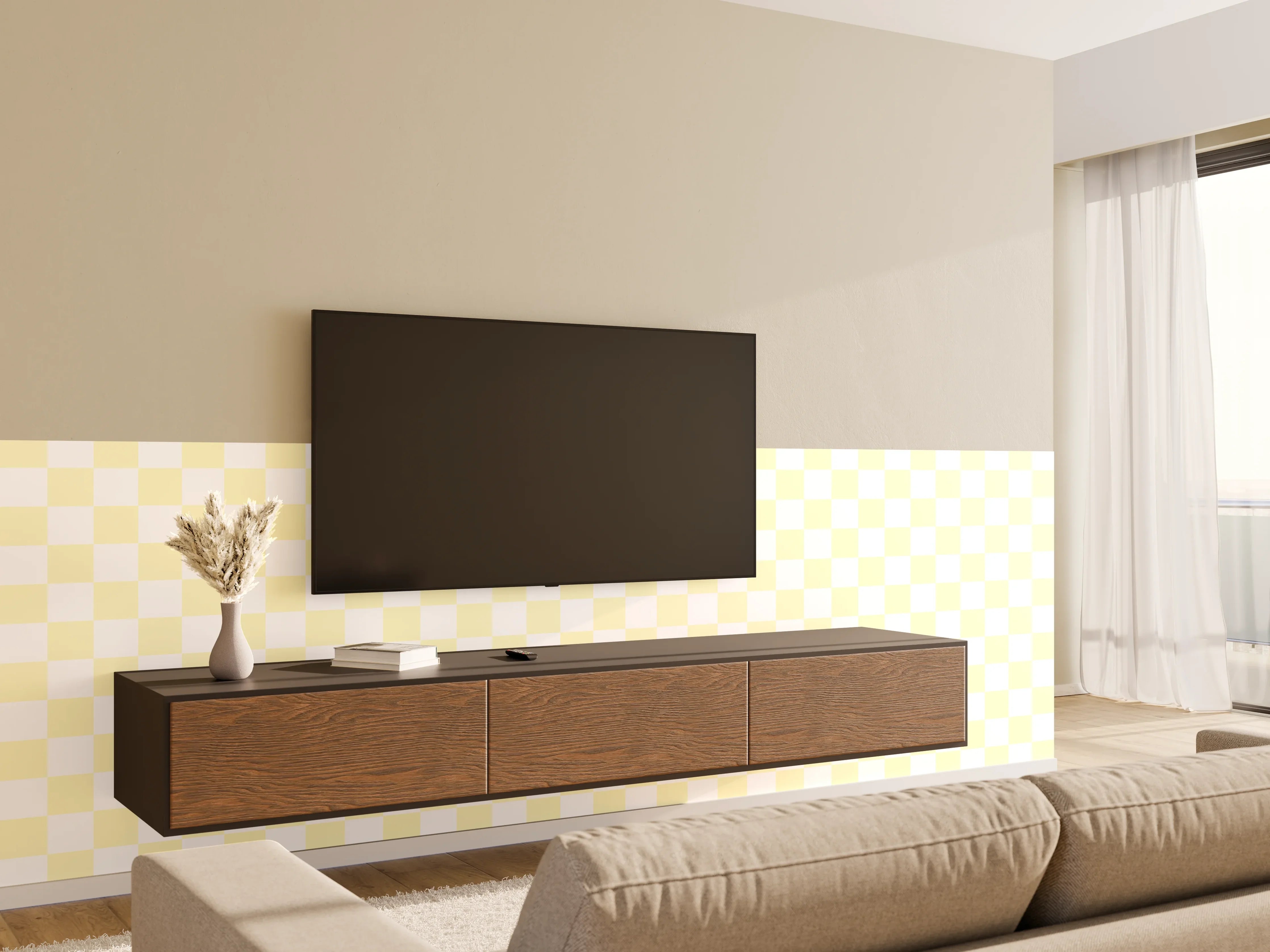 Wandverkleidung Wohnzimmer - Helles, freundliches Muster im Checkered Design