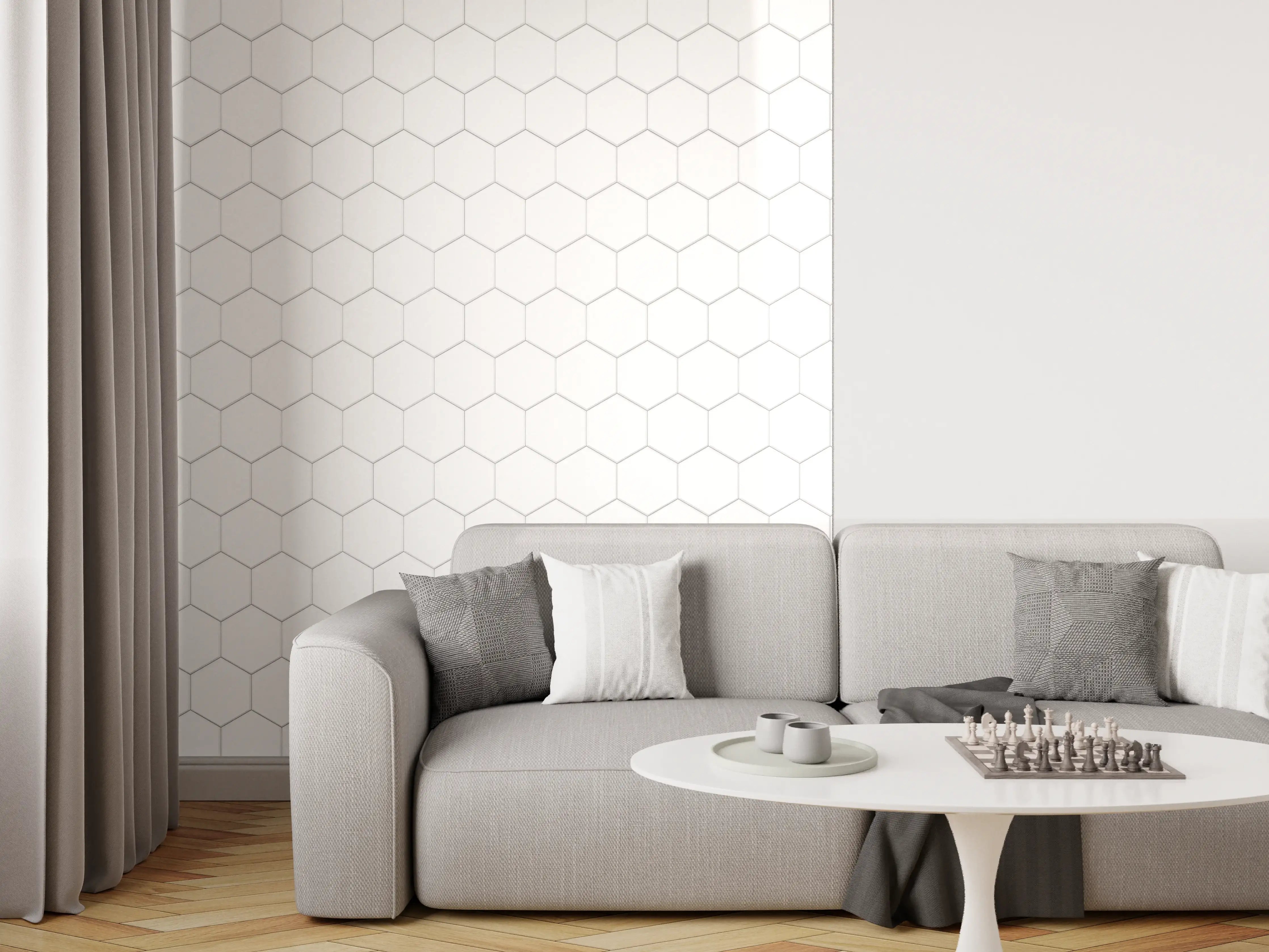 Wandverkleidung Wohnzimmer - Helles, geometrisches Muster mit Hexagon-Design