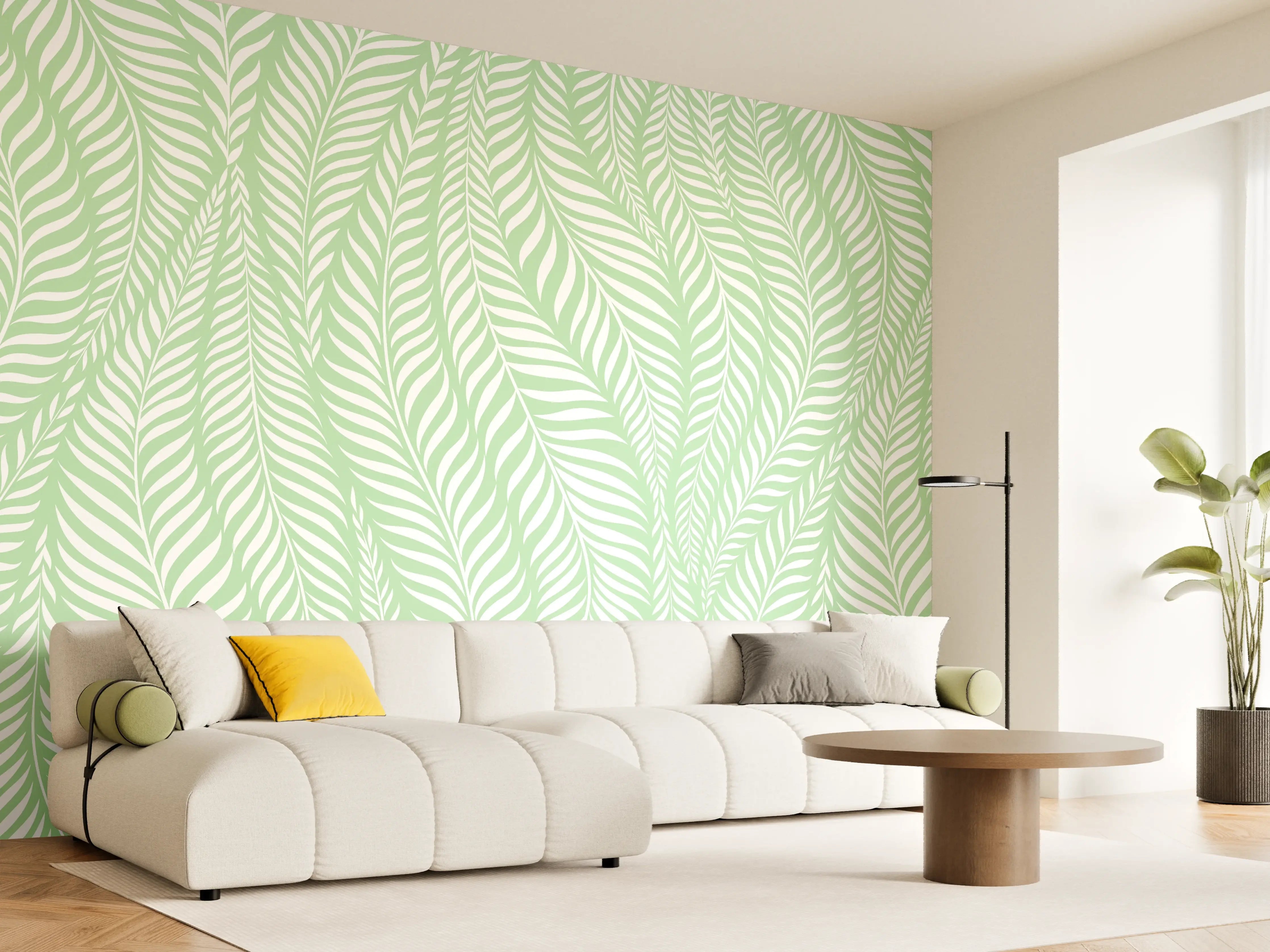 Wandverkleidung Wohnzimmer - Helles, grünes Blättermuster mit filigranen Linien