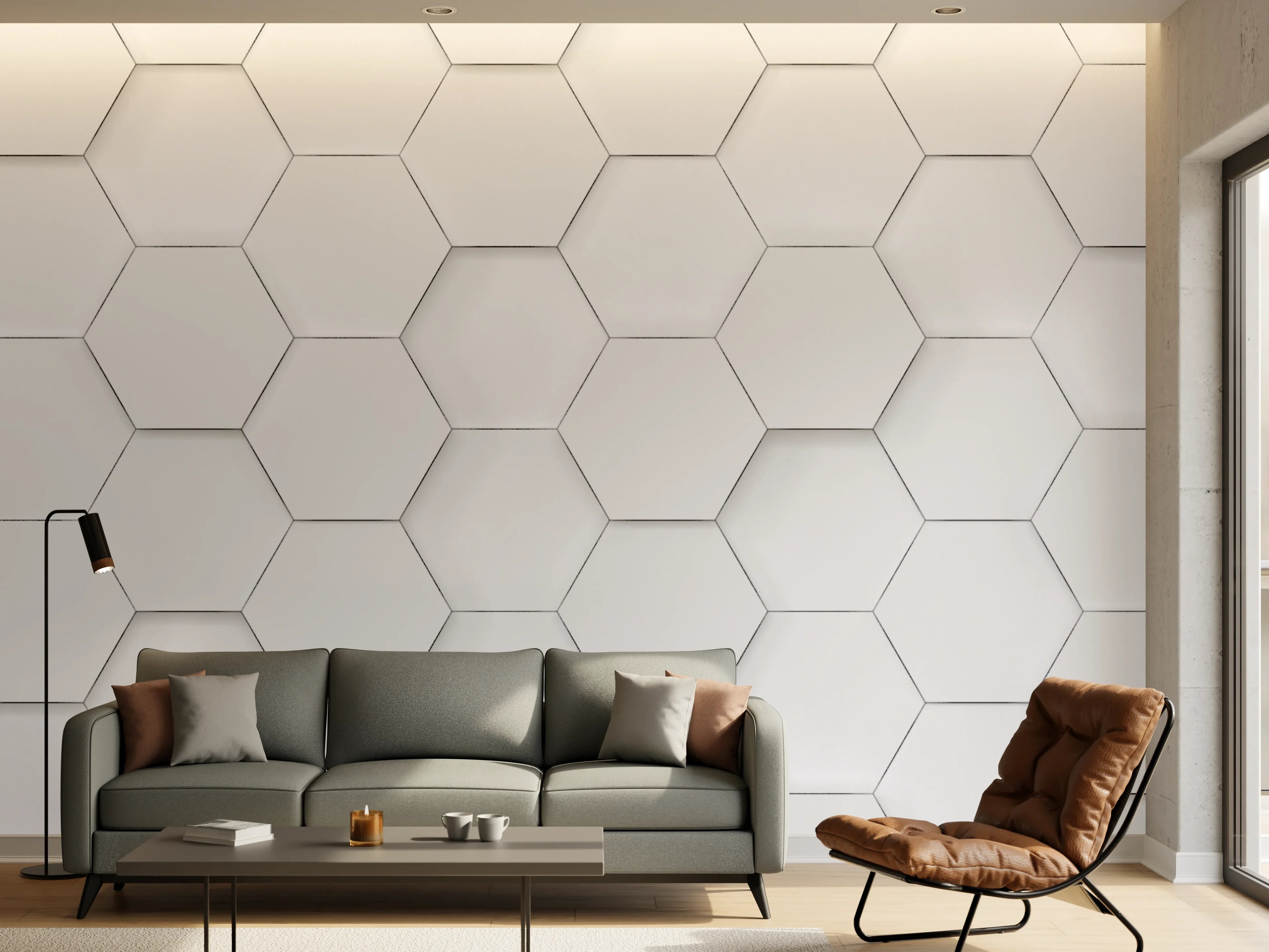 Wandverkleidung Wohnzimmer - Helles, modernes Fliesenmuster