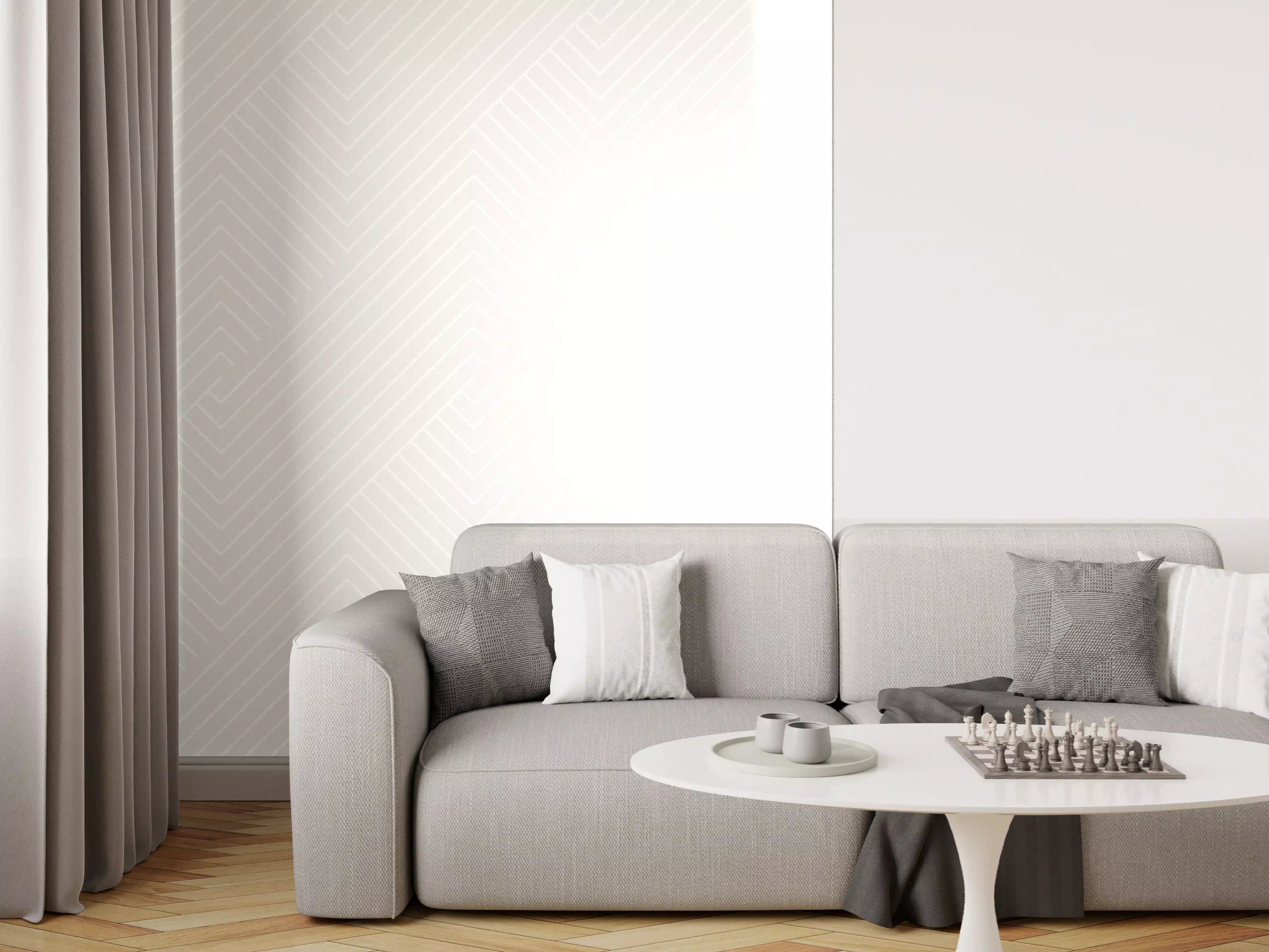 Wandverkleidung Wohnzimmer - Helles, neutrales Fotomotiv mit Grau- und Weißtönen