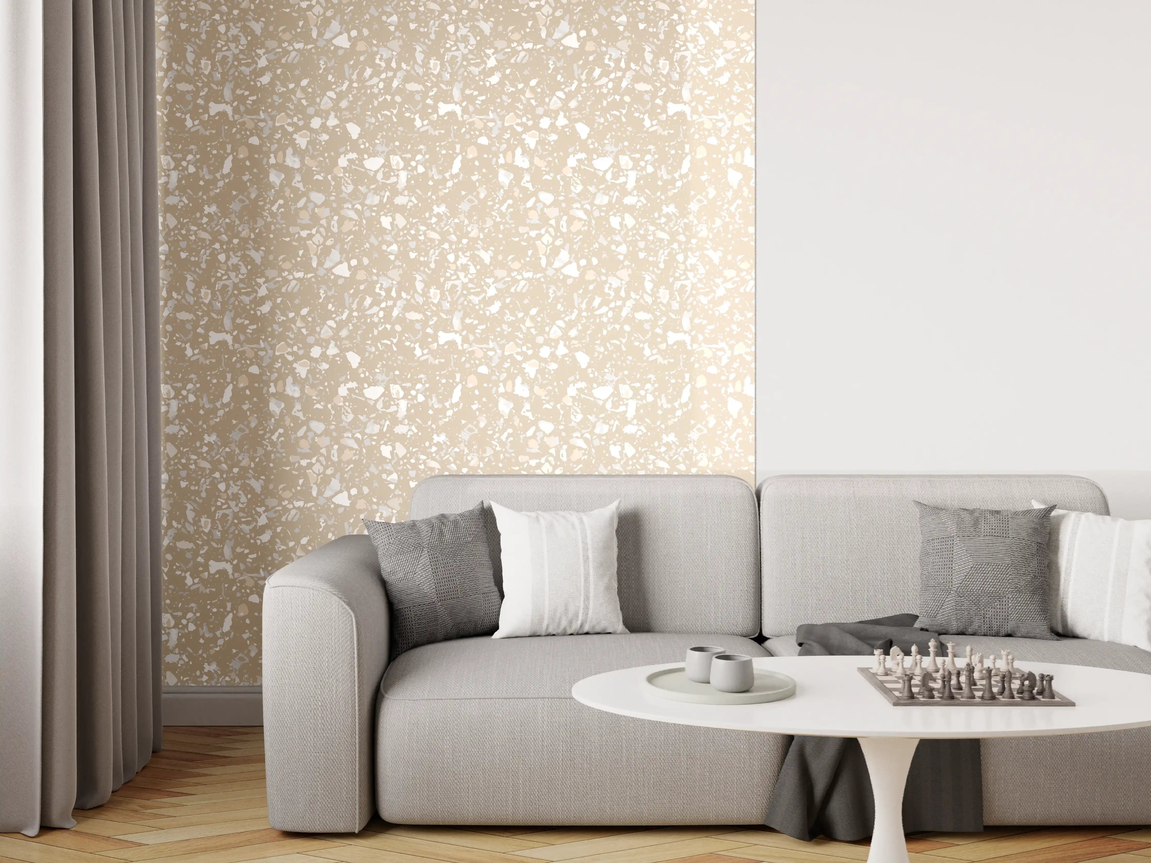 Wandverkleidung Wohnzimmer - Helles, neutrales Muster mit Sand- und Grau-Tönen