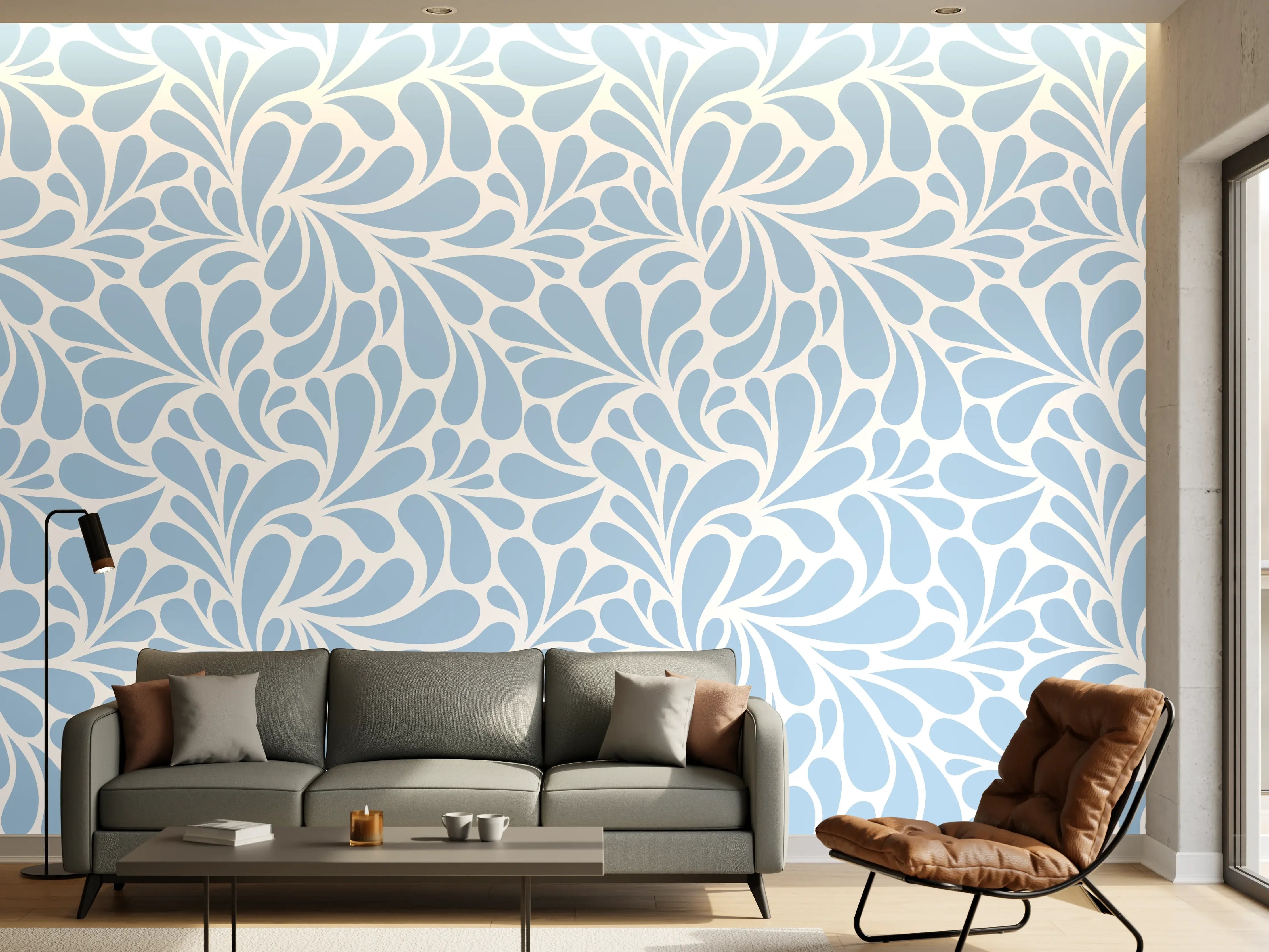 Wandverkleidung Wohnzimmer - Helles, zartes Blumenmuster in Blau und Weiß
