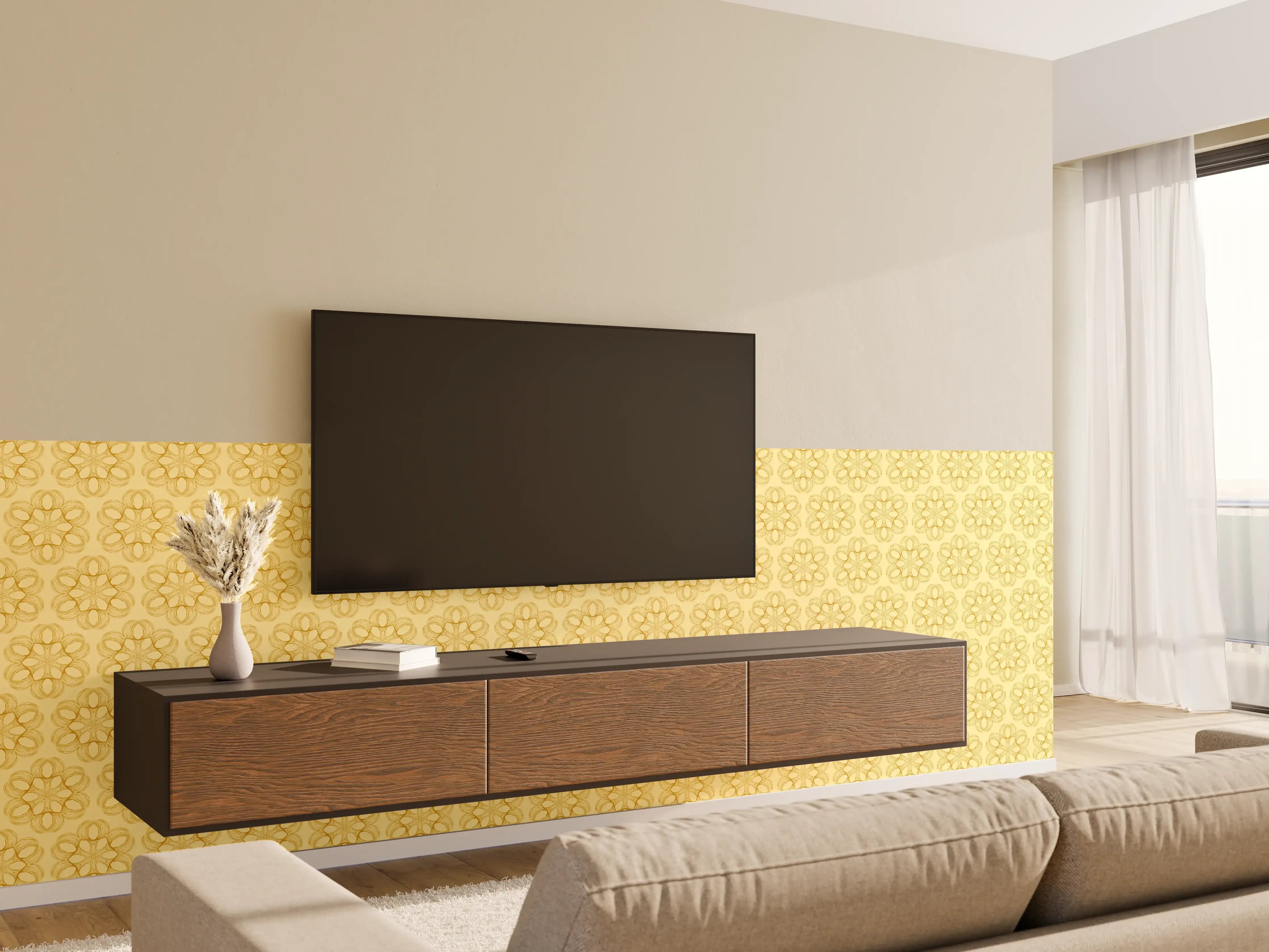 Wandverkleidung Wohnzimmer - Hellgelbe Wand mit Blumendekor