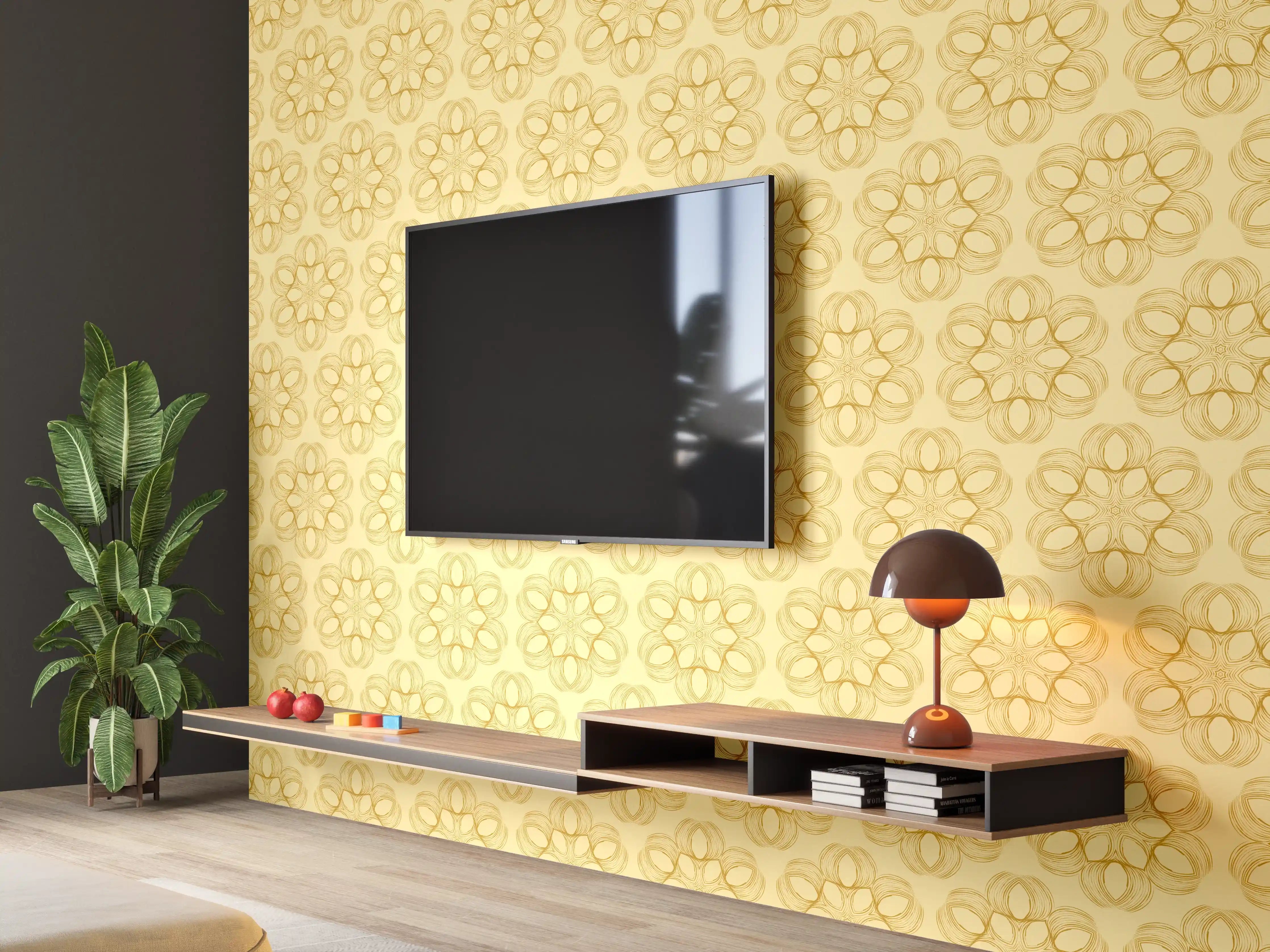 Wandverkleidung Wohnzimmer - Hellgelbe Wand mit Blumendekor
