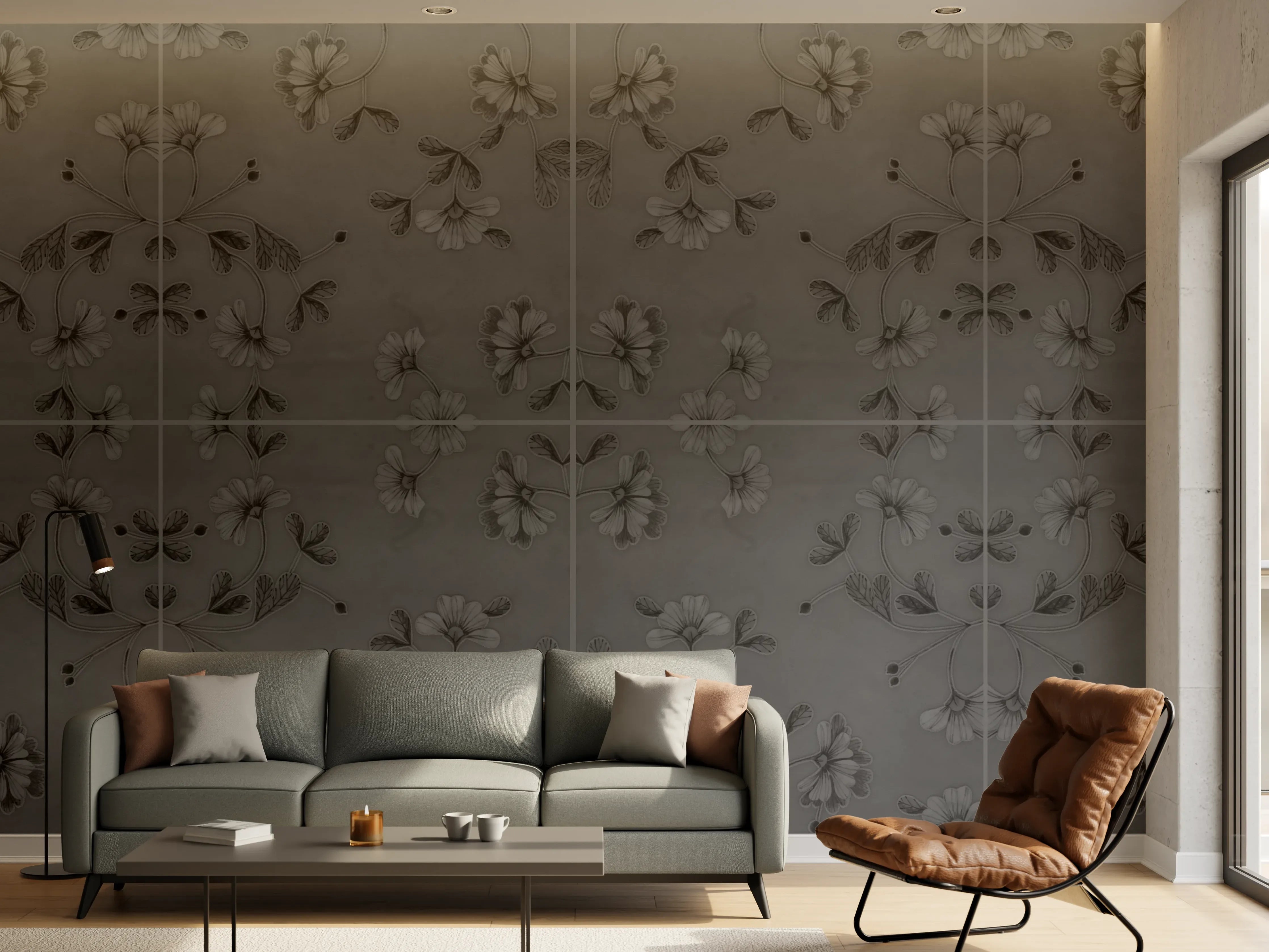 Wandverkleidung Wohnzimmer - Hellgraue blumenförmige Fliesen