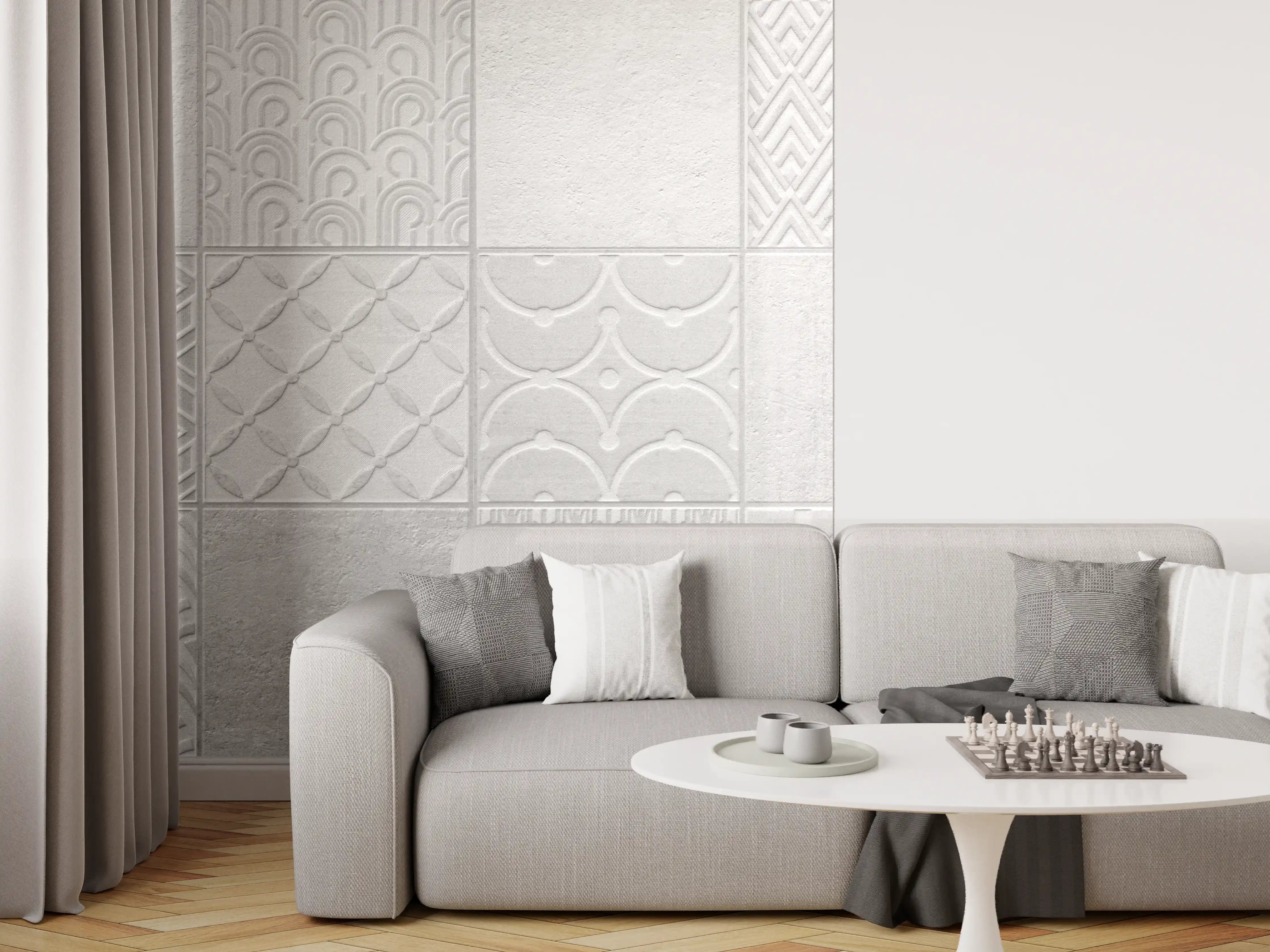 Wandverkleidung Wohnzimmer - Hellgraue quadratische Mosaik