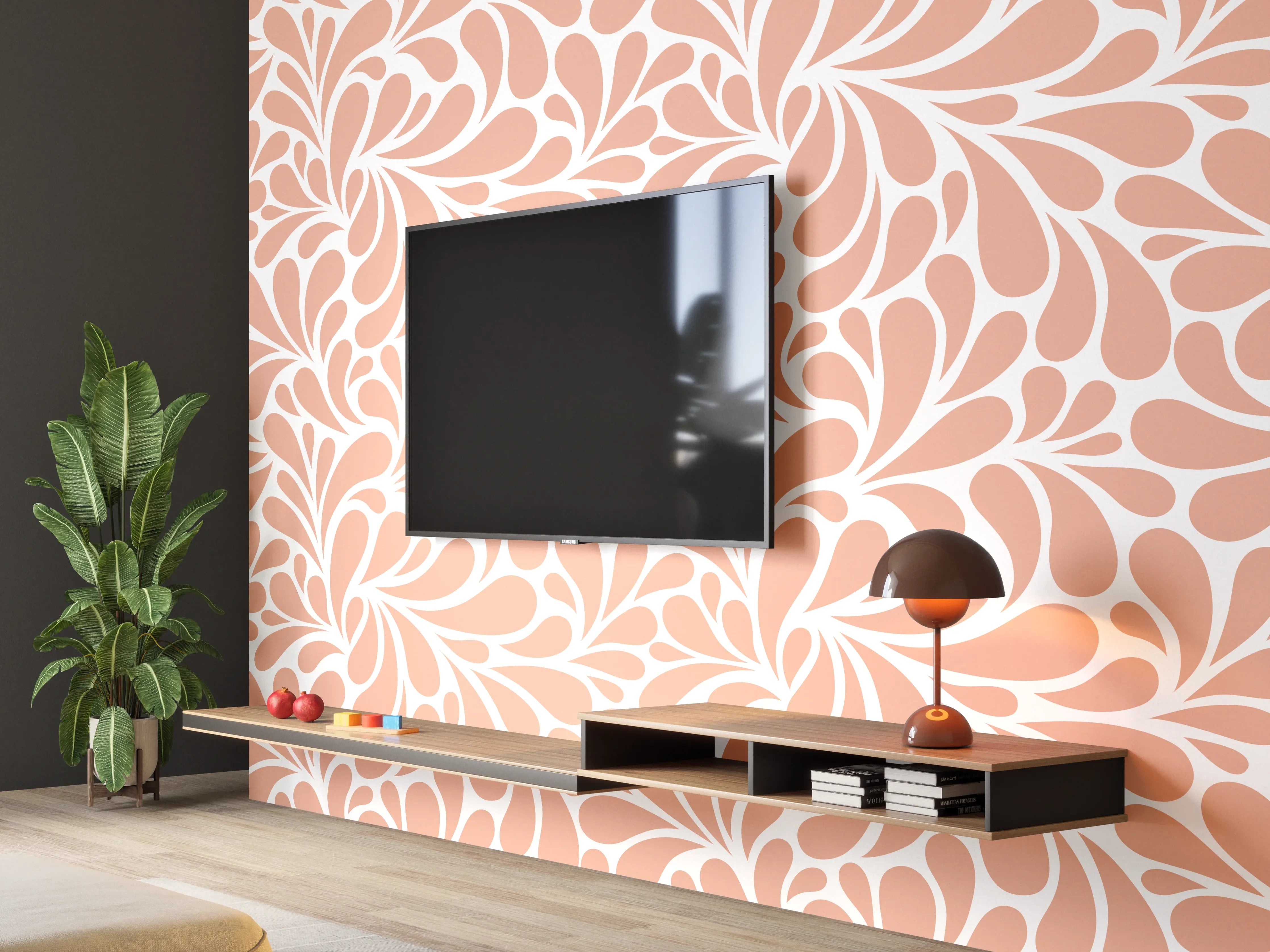 Wandverkleidung Wohnzimmer - Hellroséfarbenes, florales Muster mit weißen Akzenten