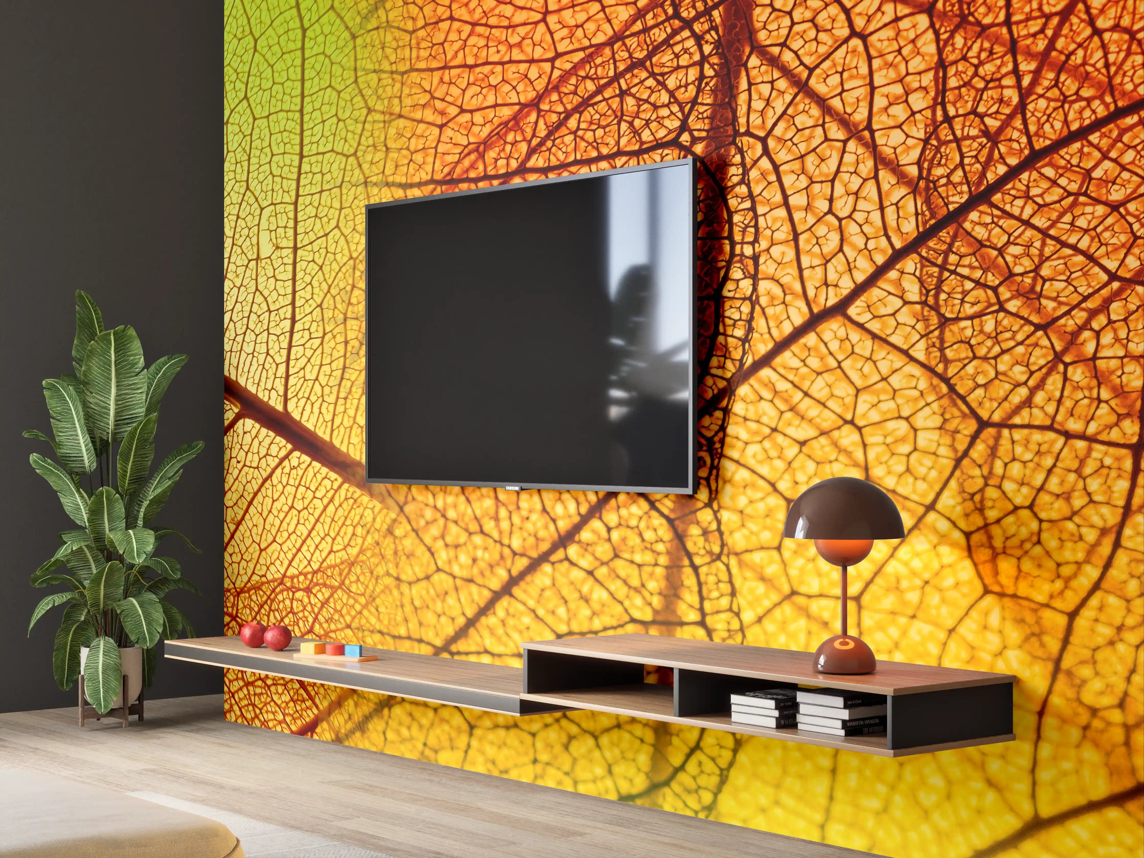 Wandverkleidung Wohnzimmer - Herbstblätter in lebendigen Farben