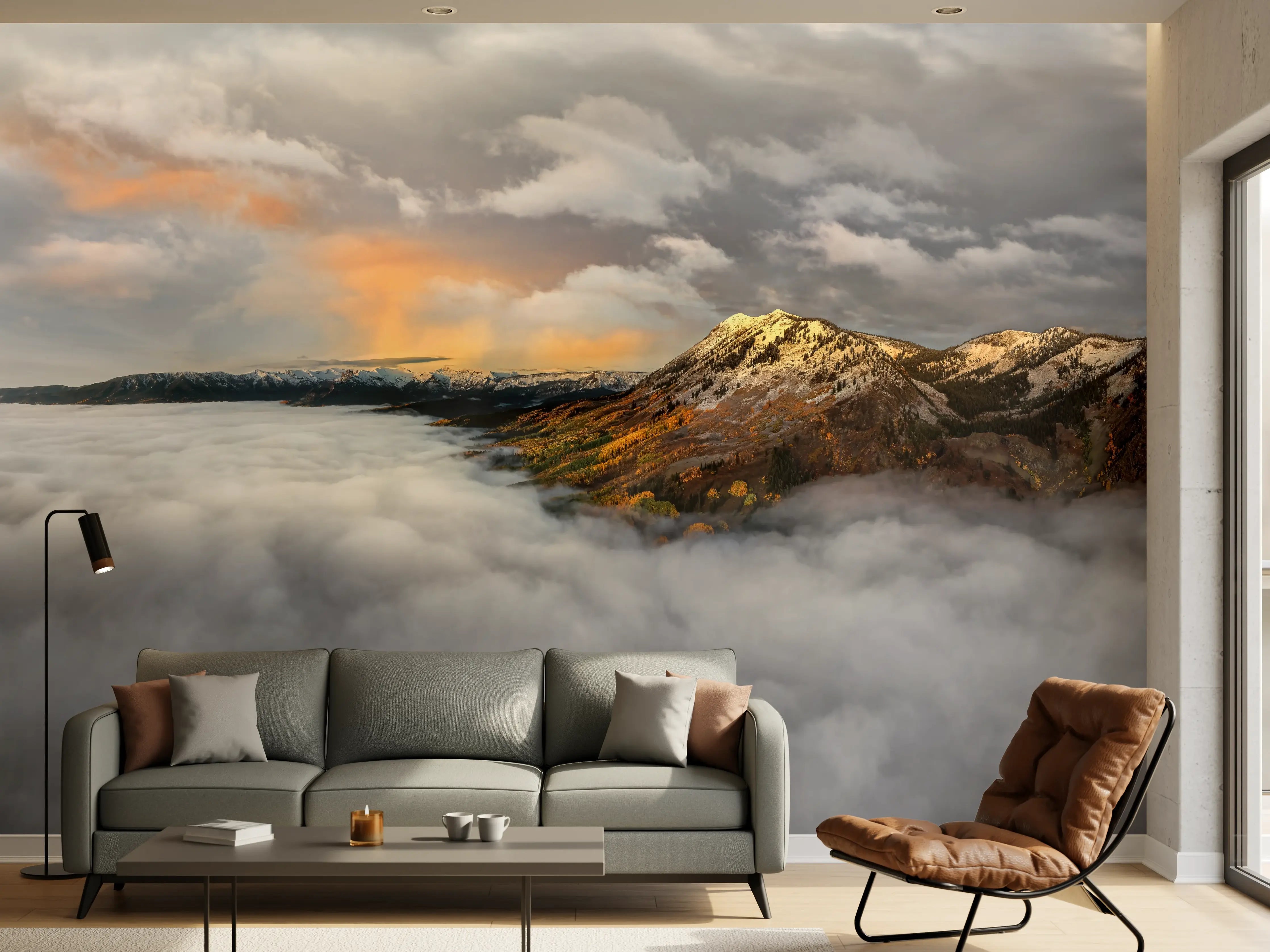 Wandverkleidung Wohnzimmer - Herbstliche Berglandschaft Nebel
