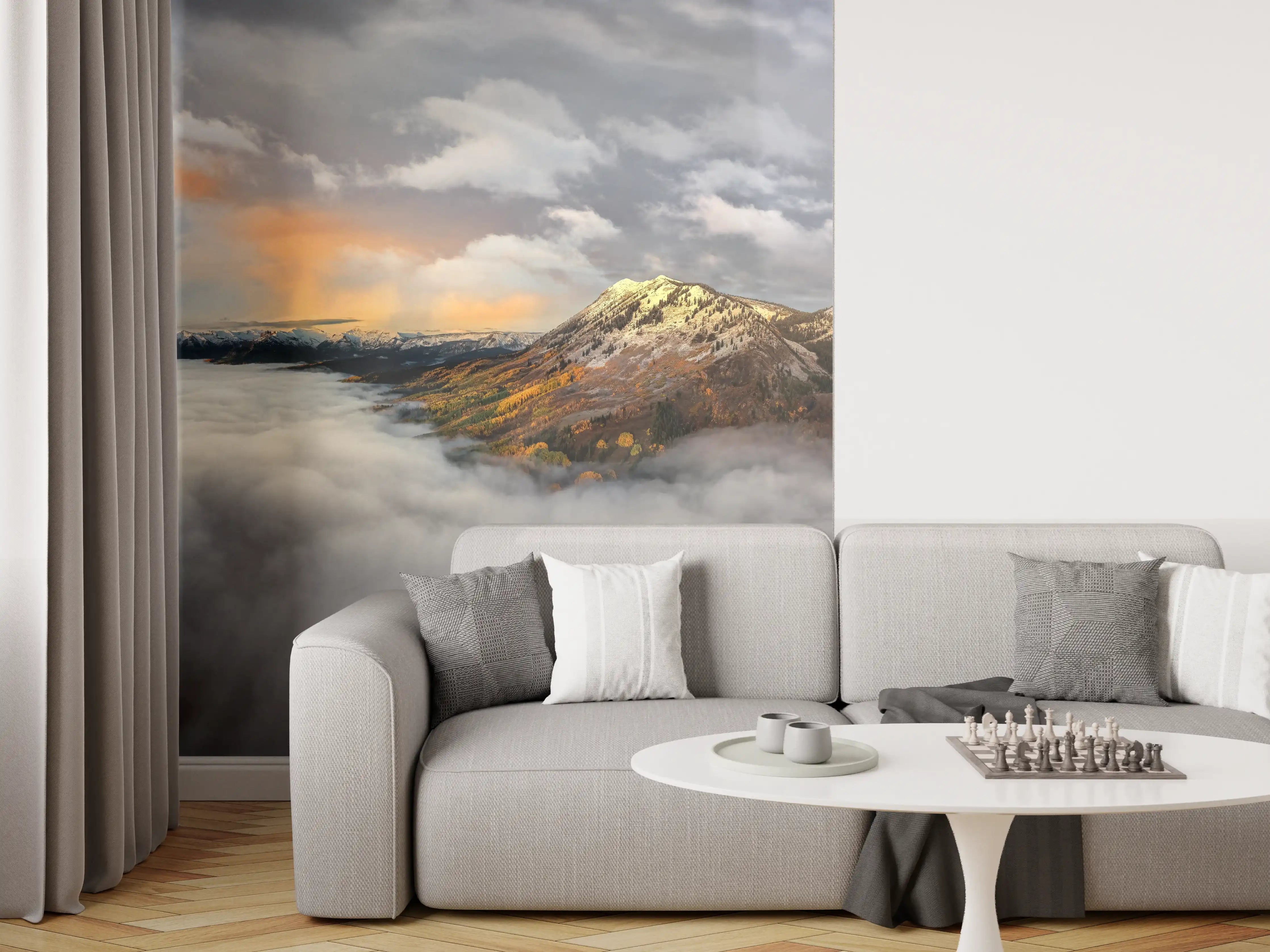 Wandverkleidung Wohnzimmer - Herbstliche Berglandschaft Nebel