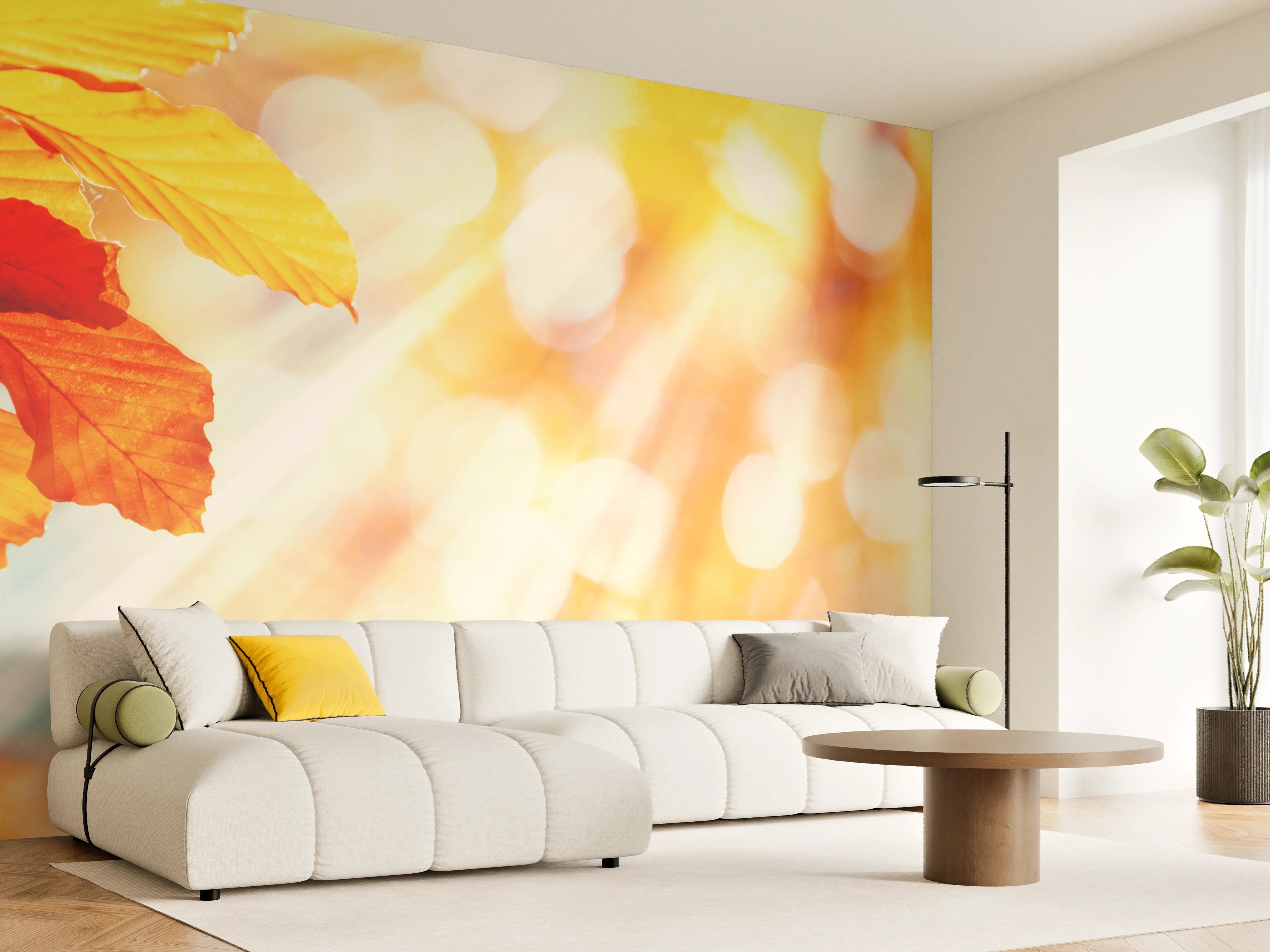 Wandverkleidung Wohnzimmer - Herbstliche Blätter in warmem Sonnenlicht