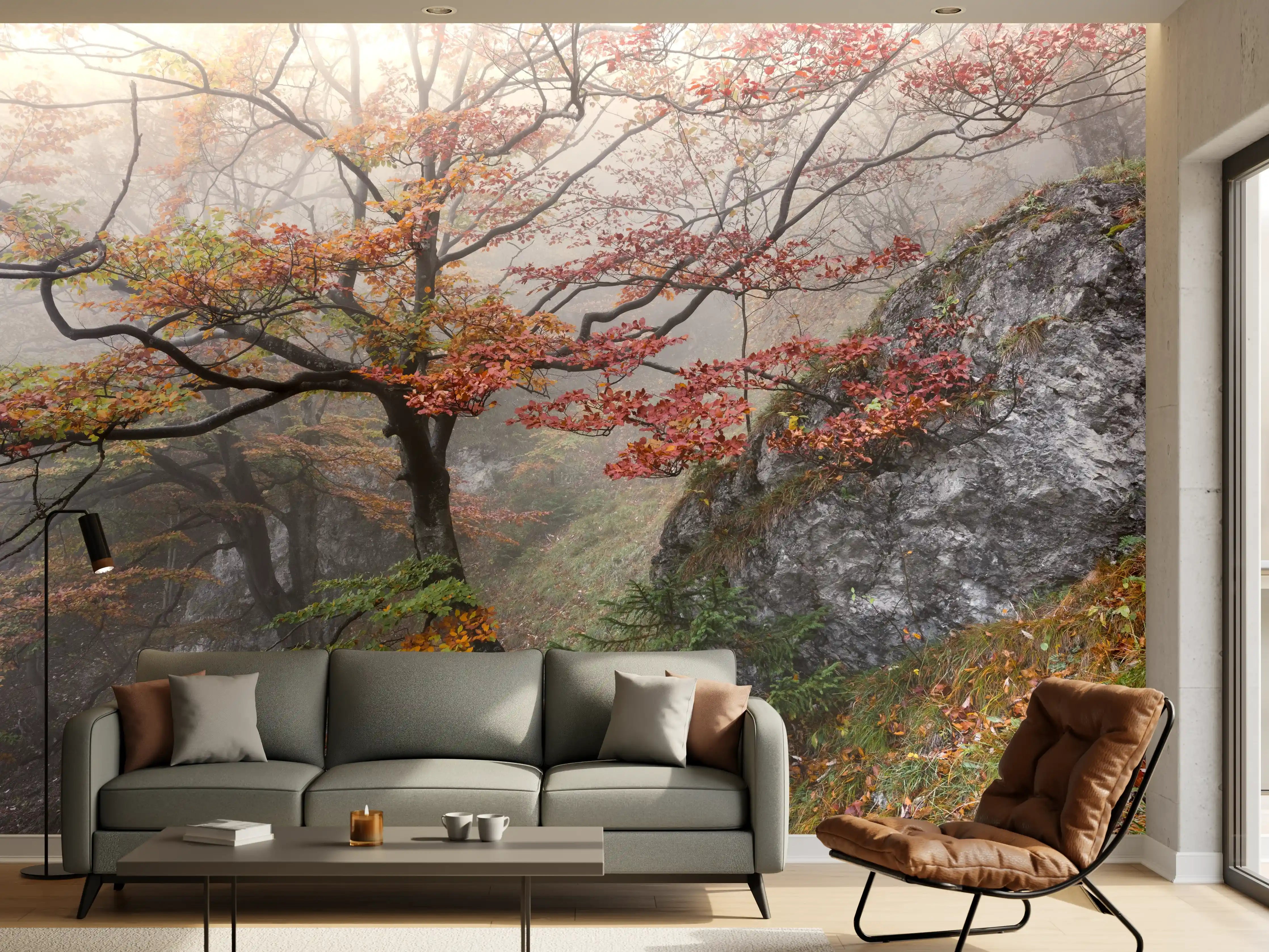 Wandverkleidung Wohnzimmer - Herbstliche Landschaft mit nebelverhangenem Baum