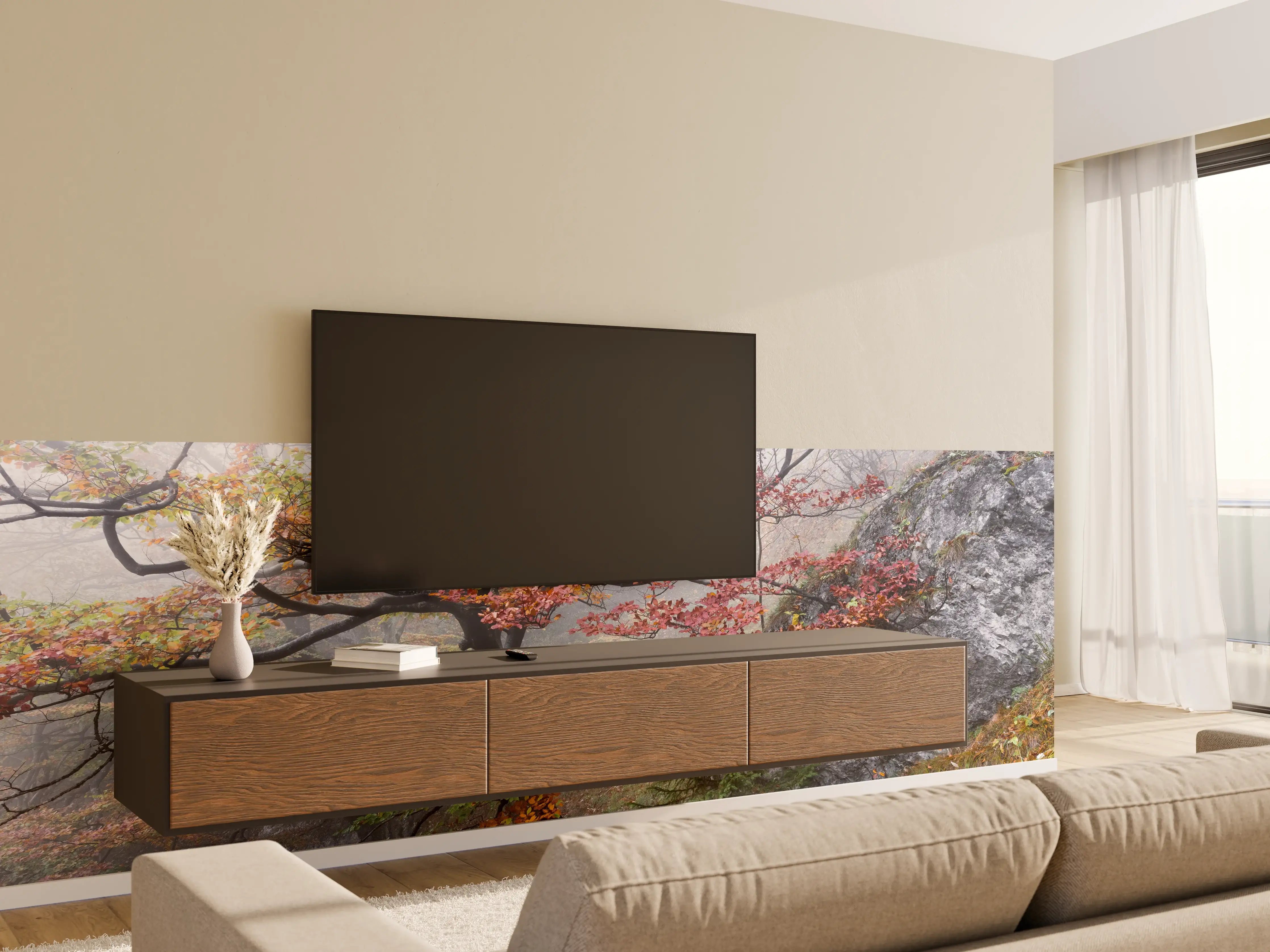 Wandverkleidung Wohnzimmer - Herbstliche Landschaft mit nebelverhangenem Baum