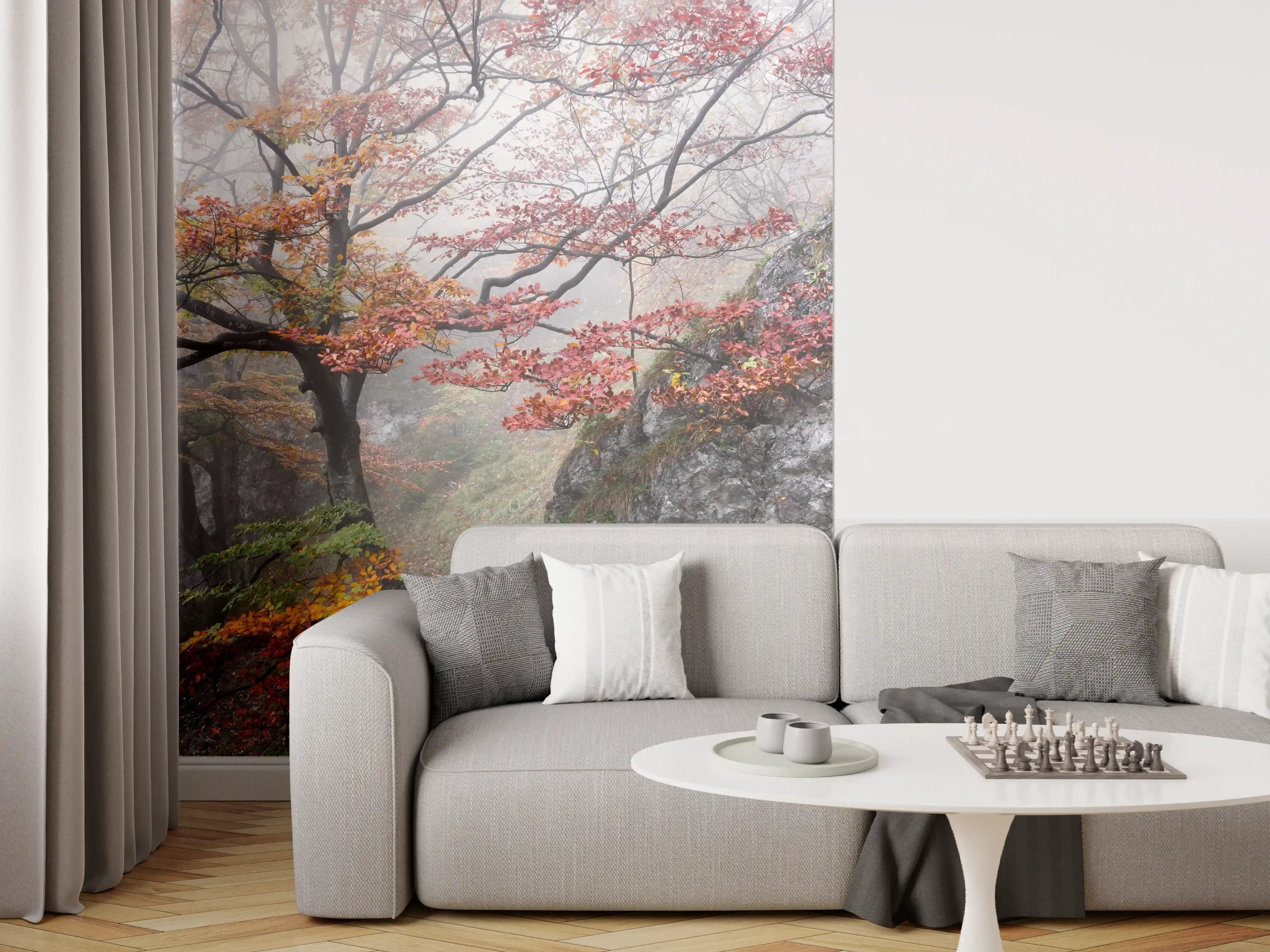 Wandverkleidung Wohnzimmer - Herbstliche Landschaft mit nebelverhangenem Baum