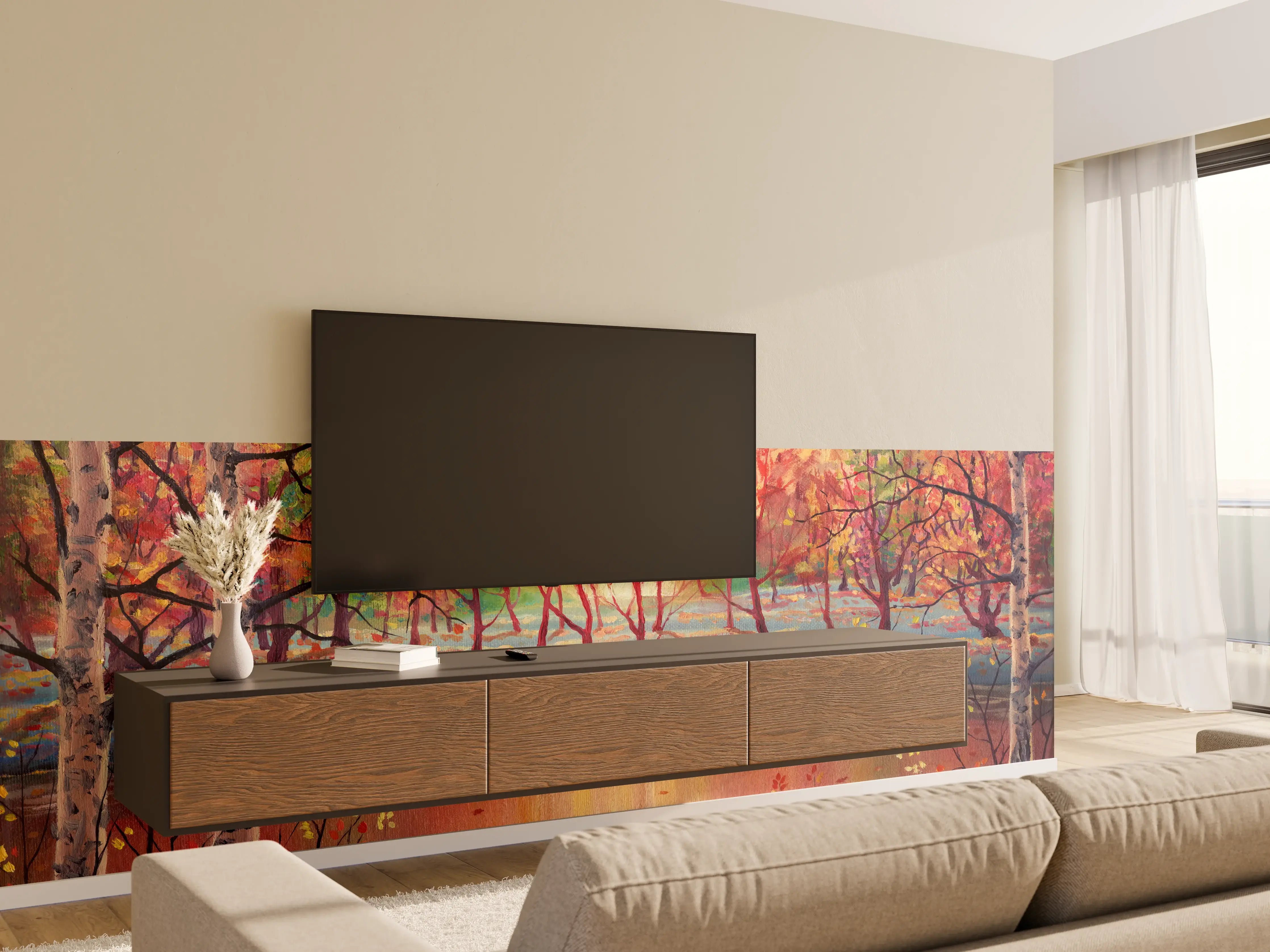 Wandverkleidung Wohnzimmer - Herbstliche Naturkulisse mit Wasserreflexionen