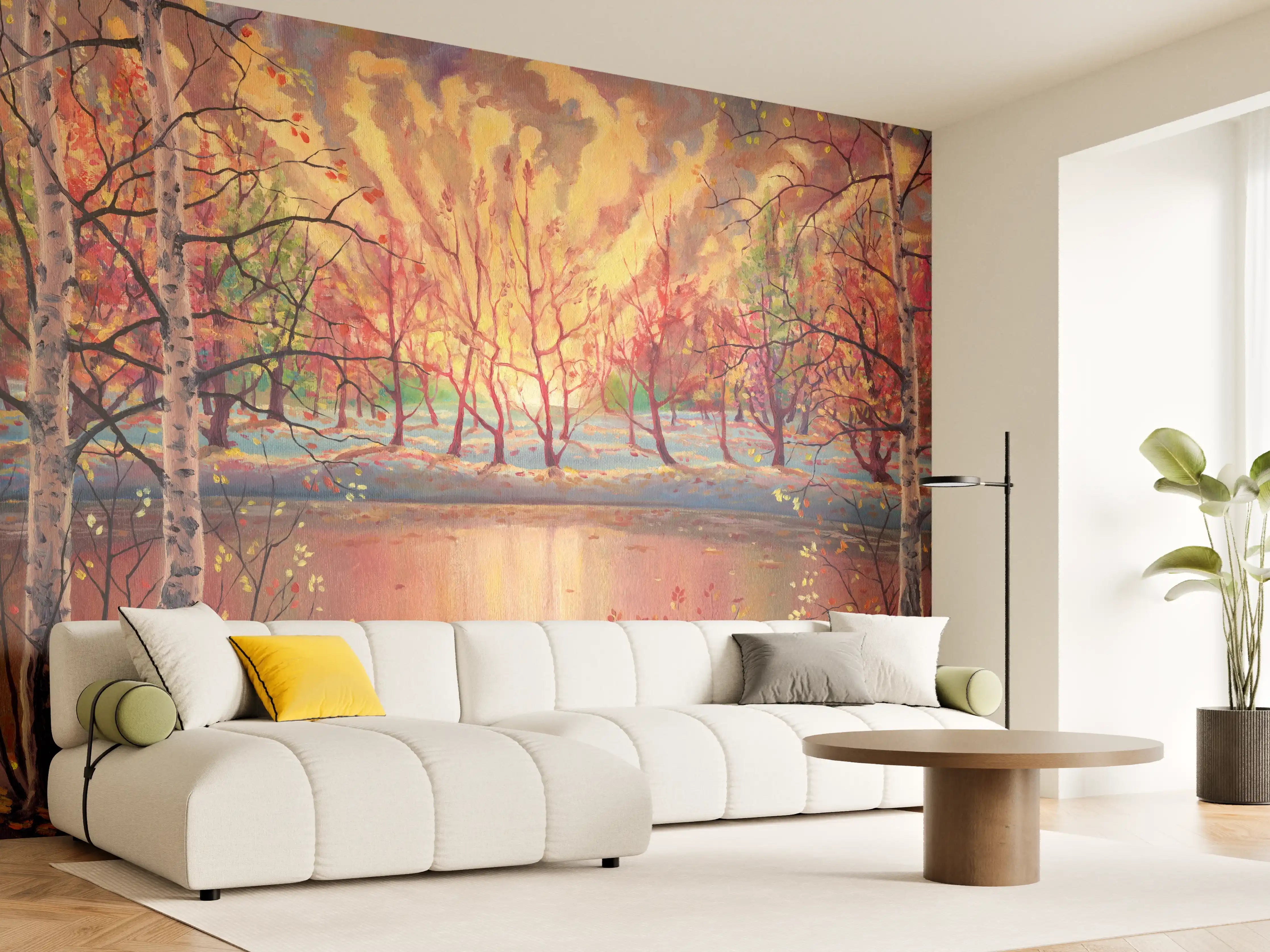 Wandverkleidung Wohnzimmer - Herbstliche Naturkulisse mit Wasserreflexionen