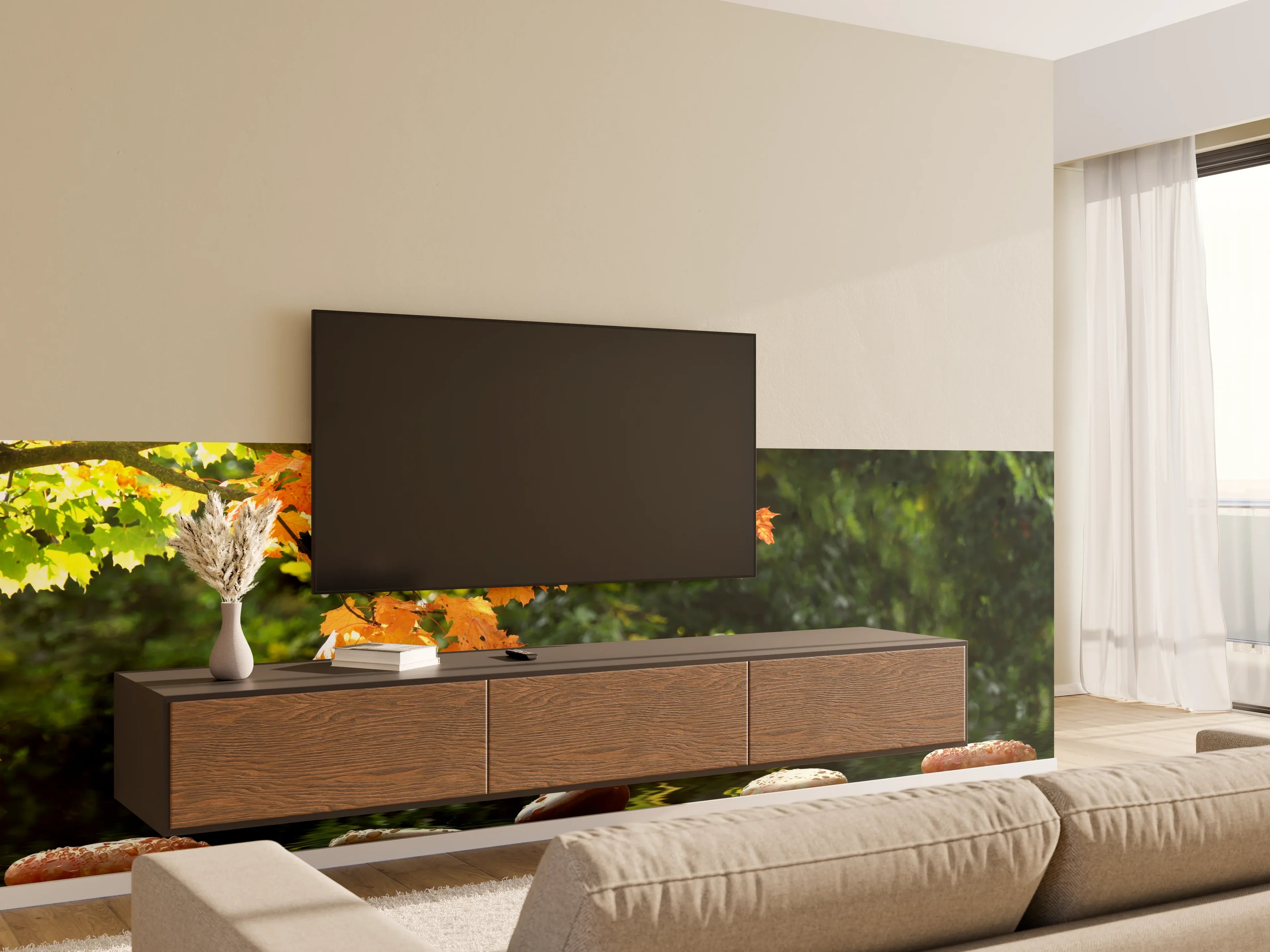 Wandverkleidung Wohnzimmer - Herbstliche Wasserlandschaft mit bunten Blättern