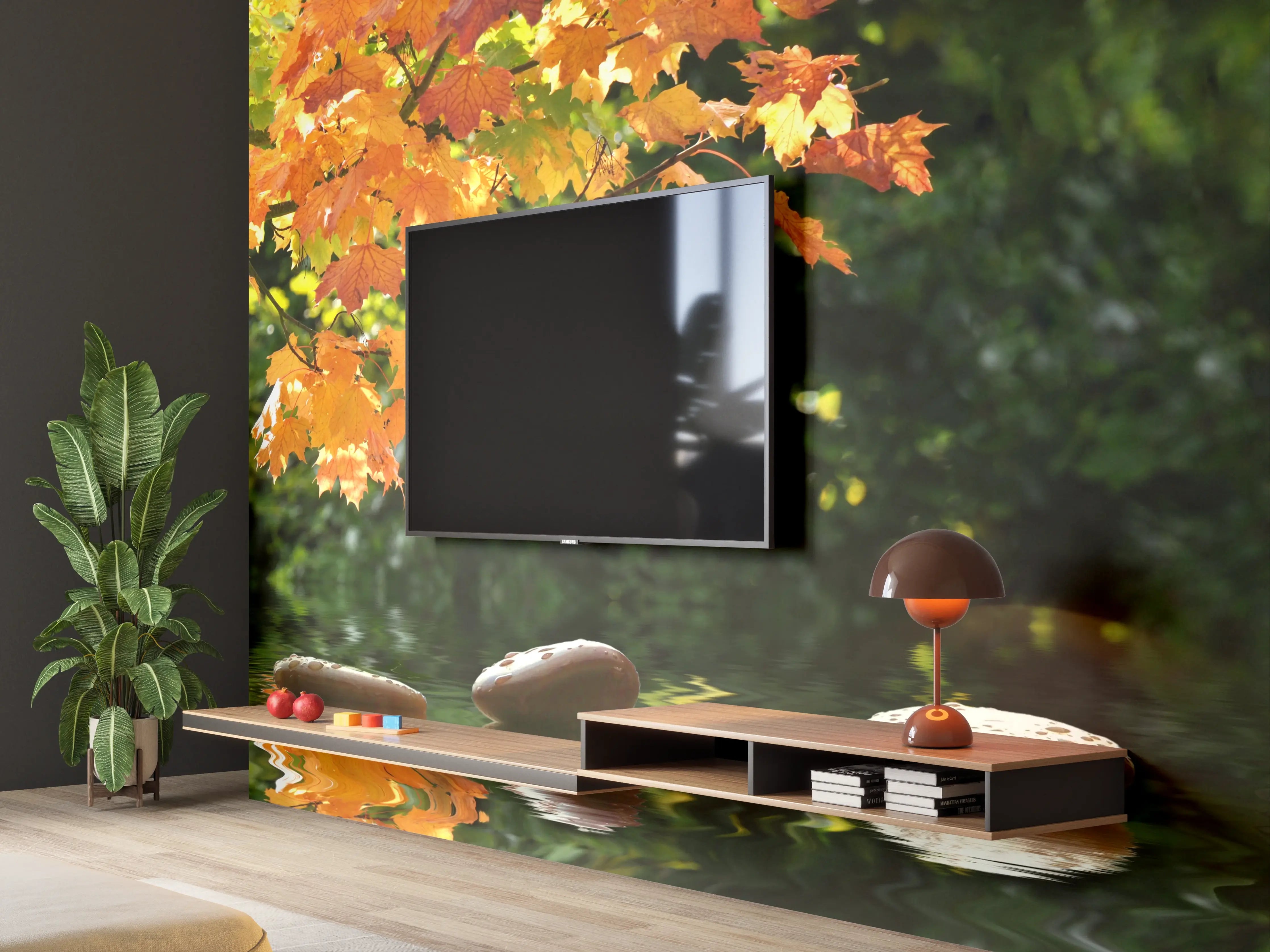 Wandverkleidung Wohnzimmer - Herbstliche Wasserlandschaft mit bunten Blättern