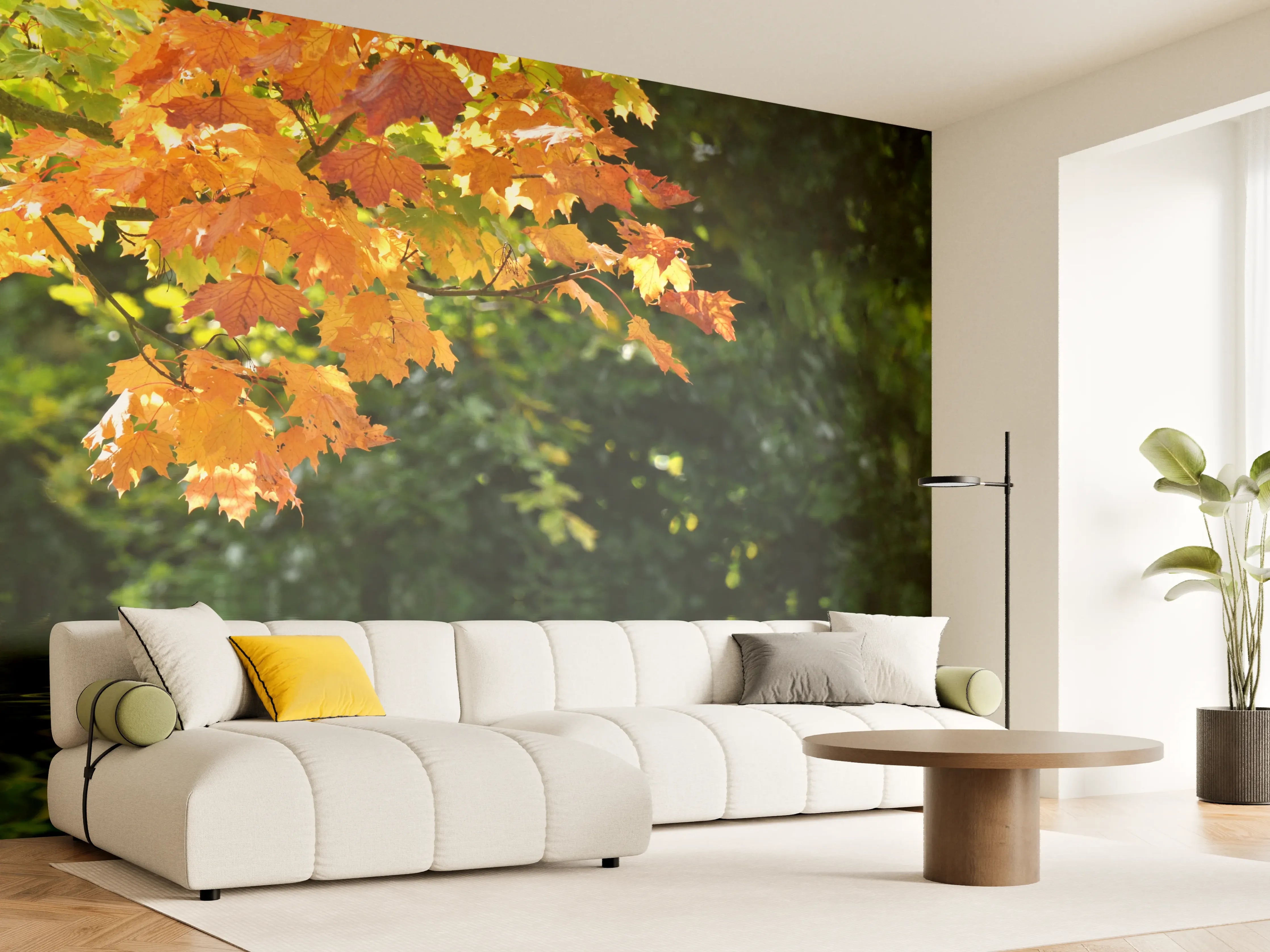 Wandverkleidung Wohnzimmer - Herbstliche Wasserlandschaft mit bunten Blättern