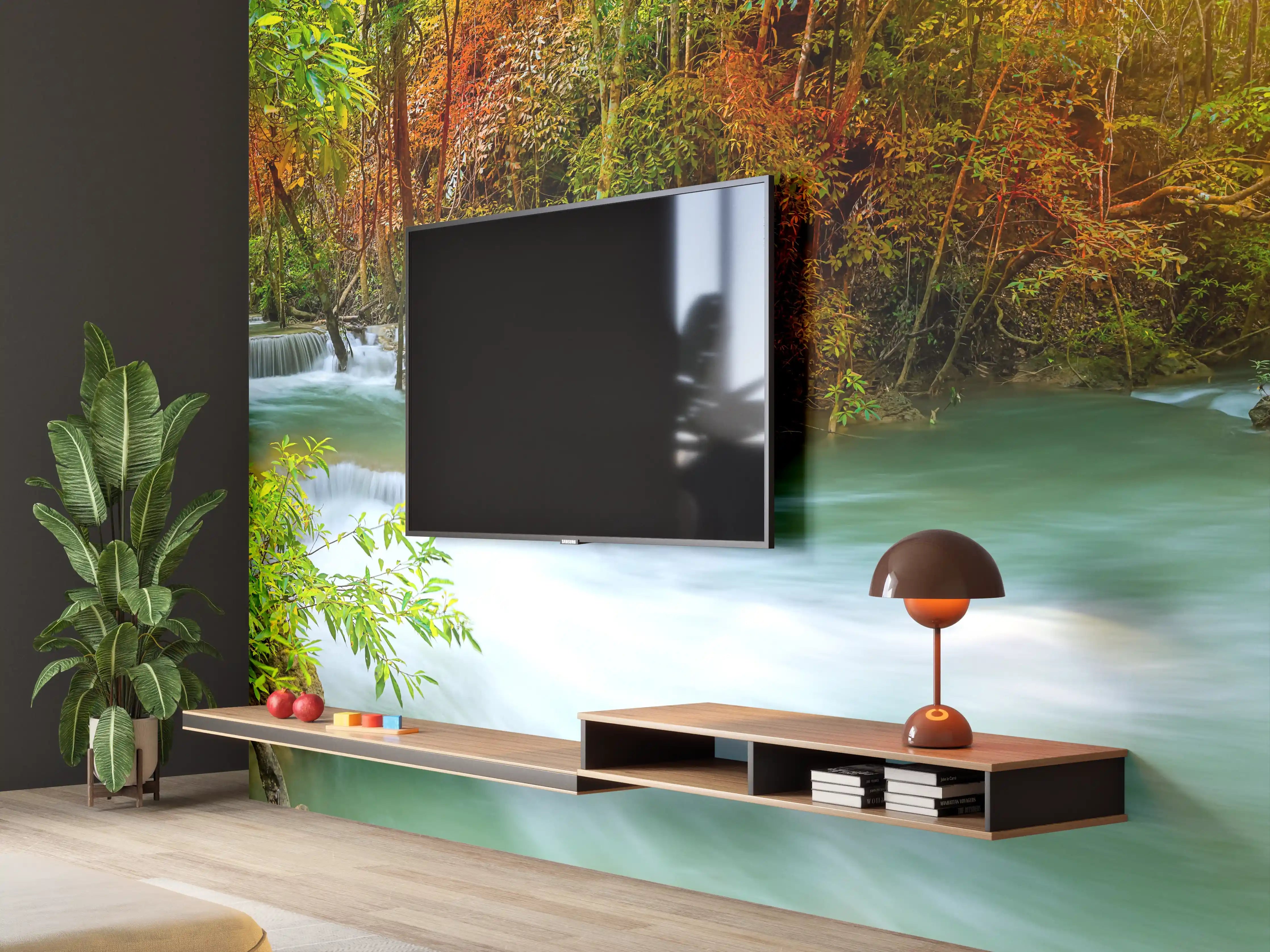 Wandverkleidung Wohnzimmer - Herbstlicher Türkis-Wasserfall