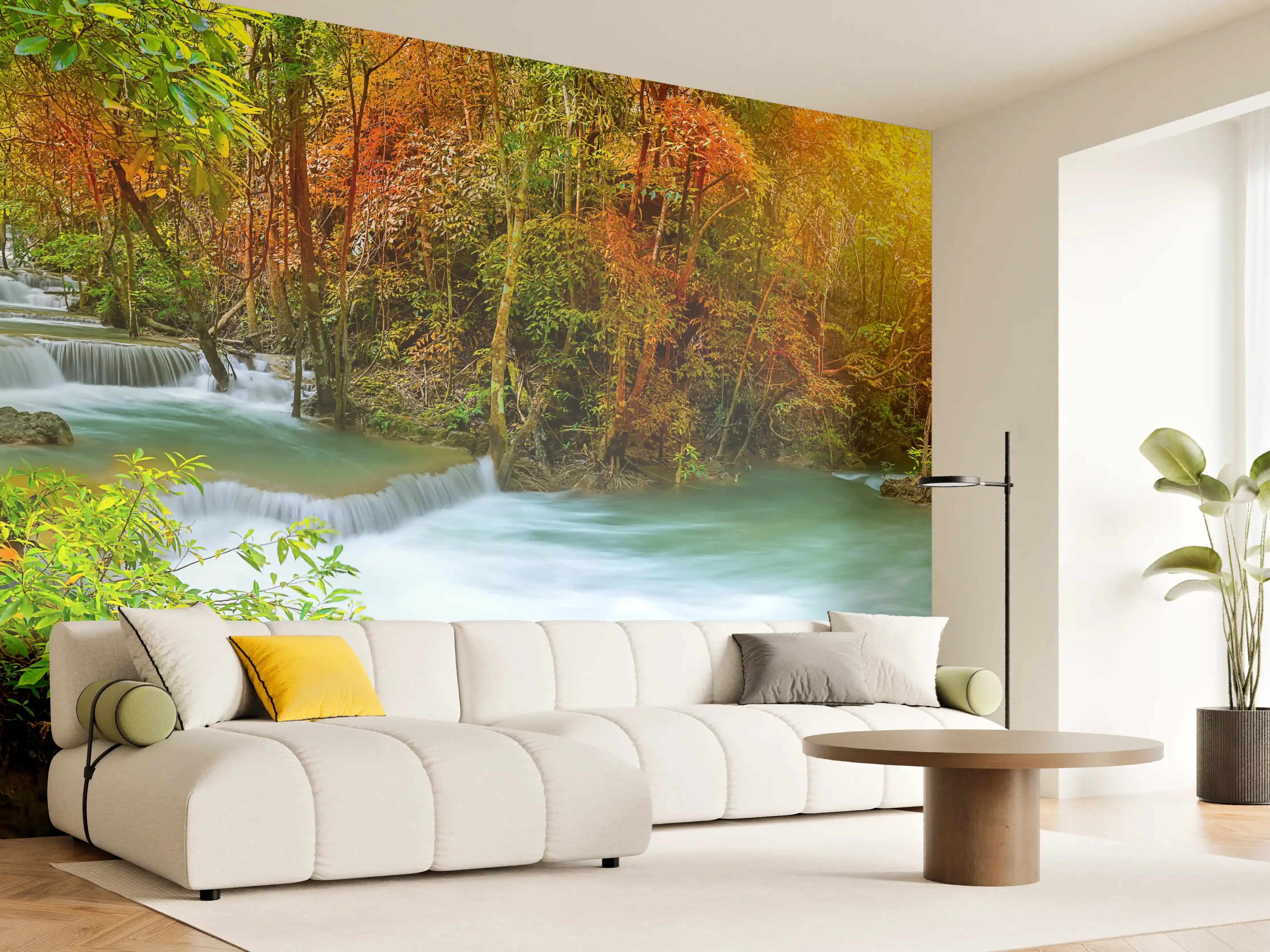 Wandverkleidung Wohnzimmer - Herbstlicher Türkis-Wasserfall