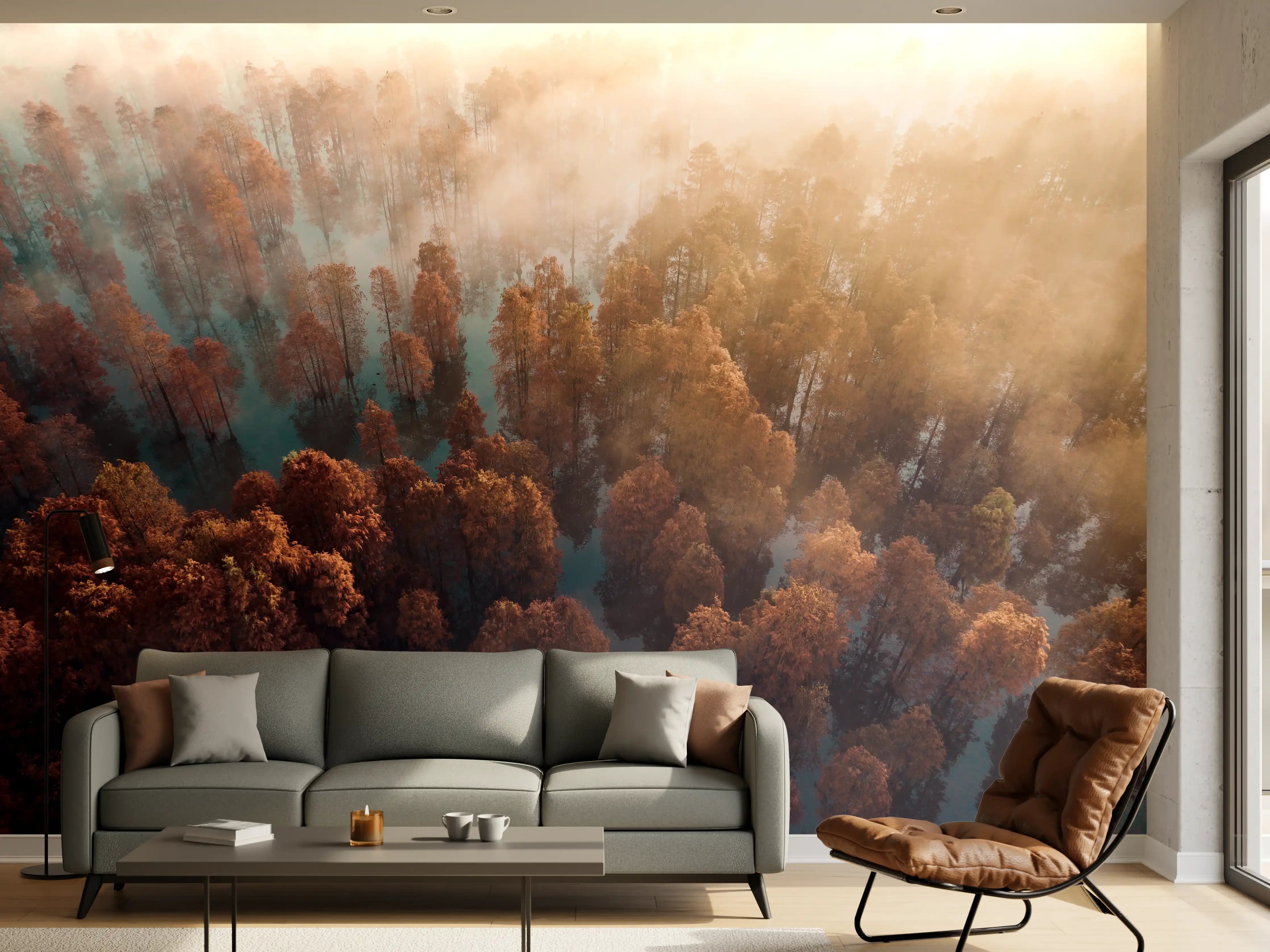 Wandverkleidung Wohnzimmer - Herbstlicher Wald im Morgengrauen