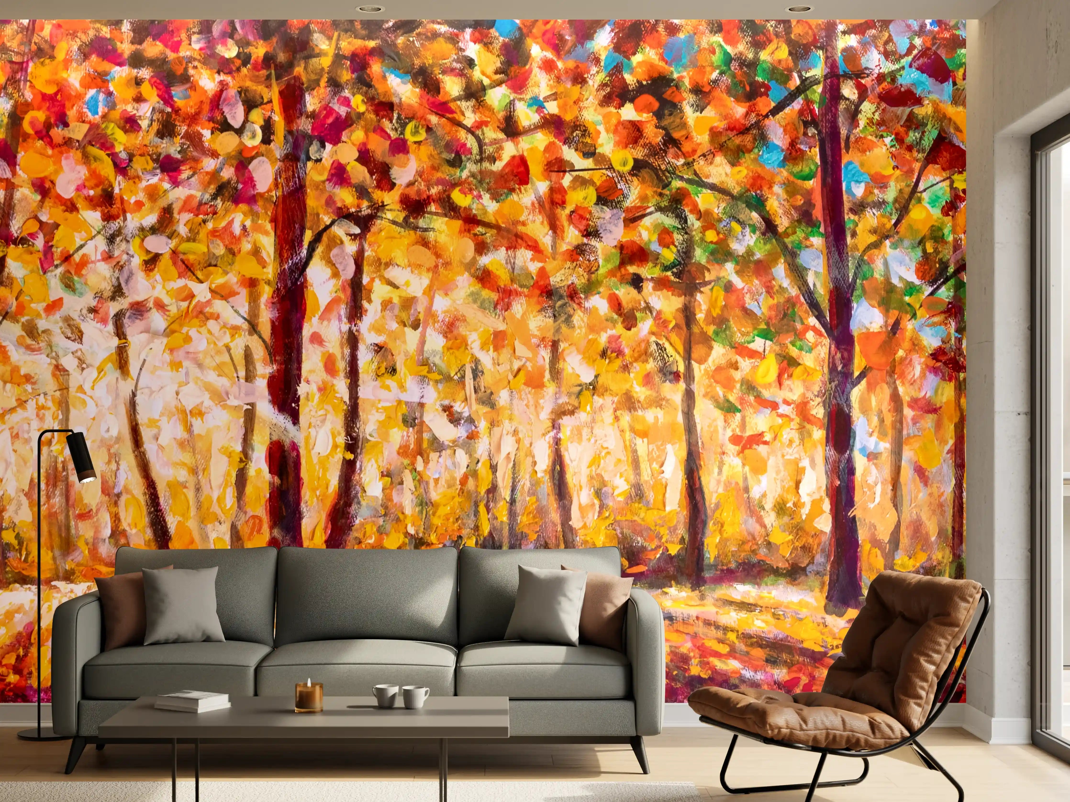 Wandverkleidung Wohnzimmer - Herbstlicher Wald in lebendigen Farben
