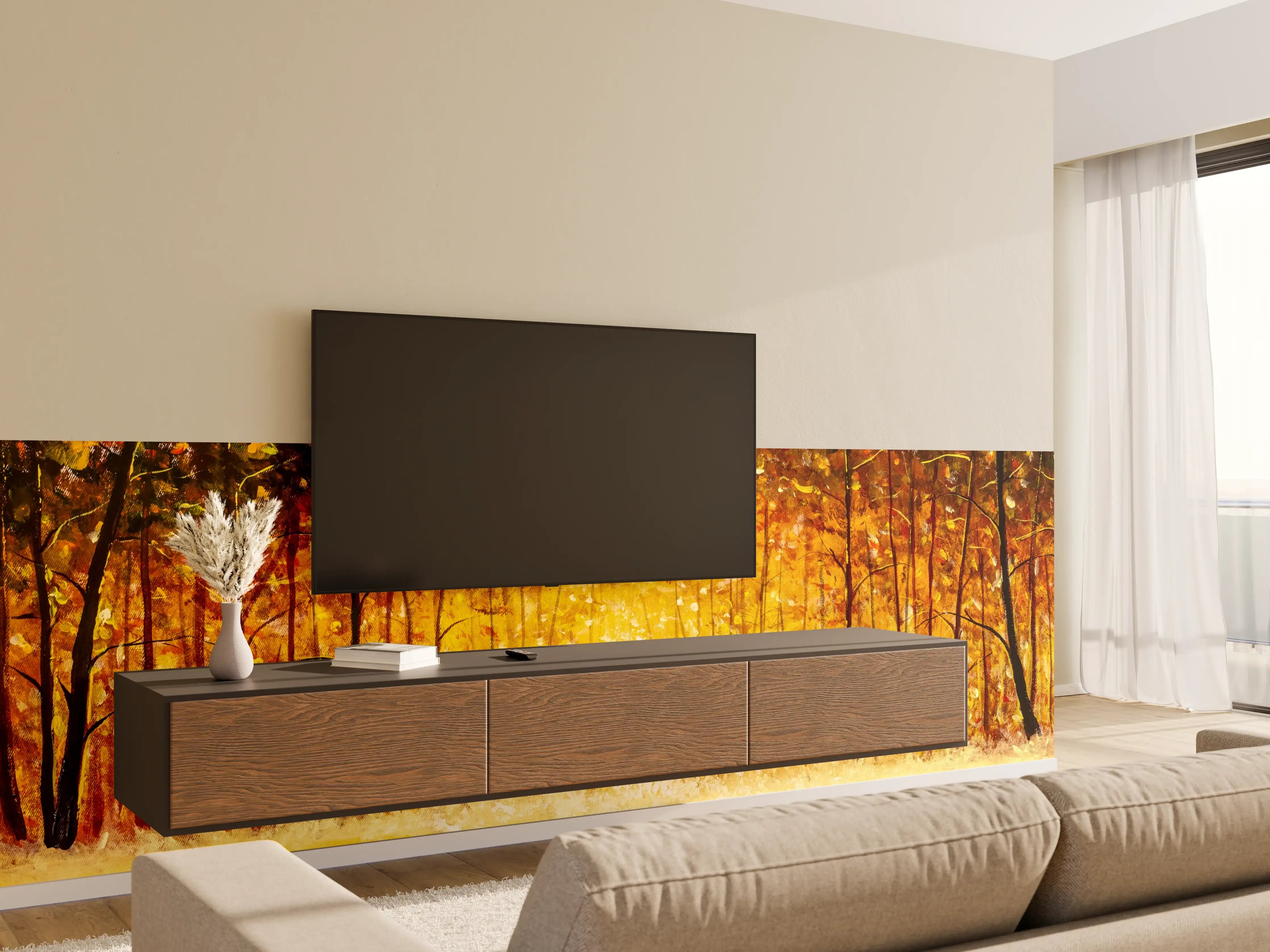 Wandverkleidung Wohnzimmer - Herbstlicher Wald in warmen Farben