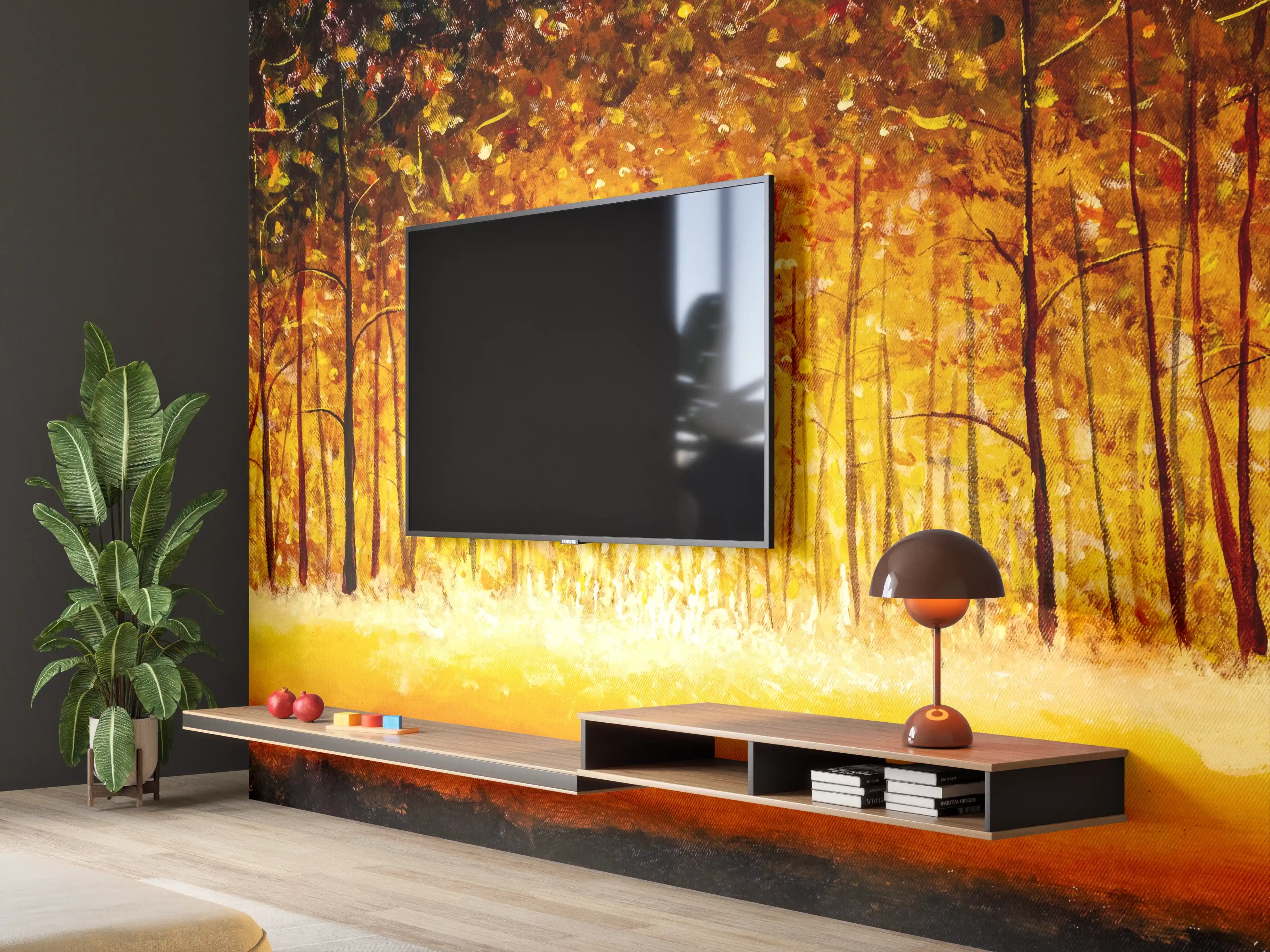 Wandverkleidung Wohnzimmer - Herbstlicher Wald in warmen Farben