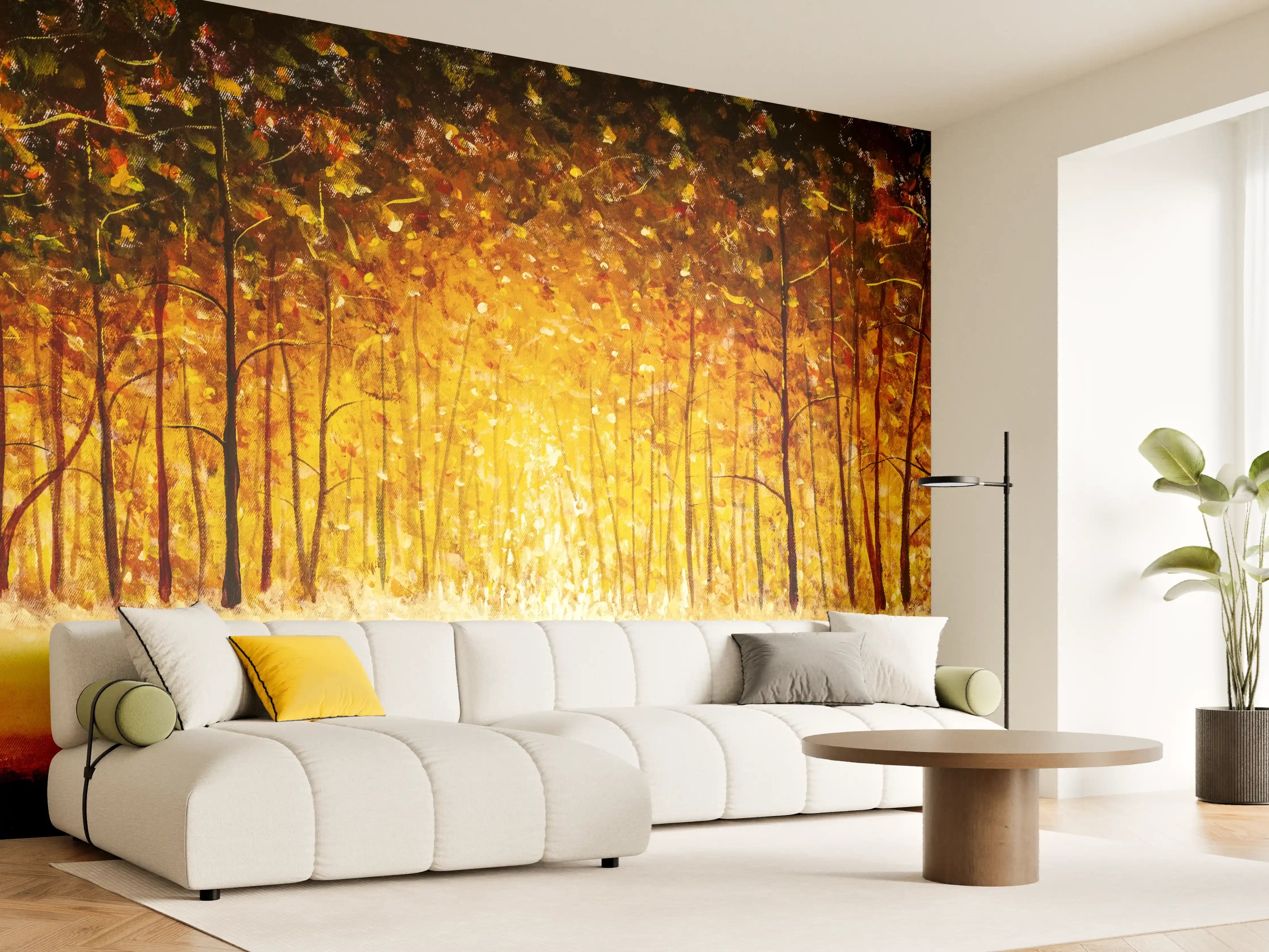 Wandverkleidung Wohnzimmer - Herbstlicher Wald in warmen Farben