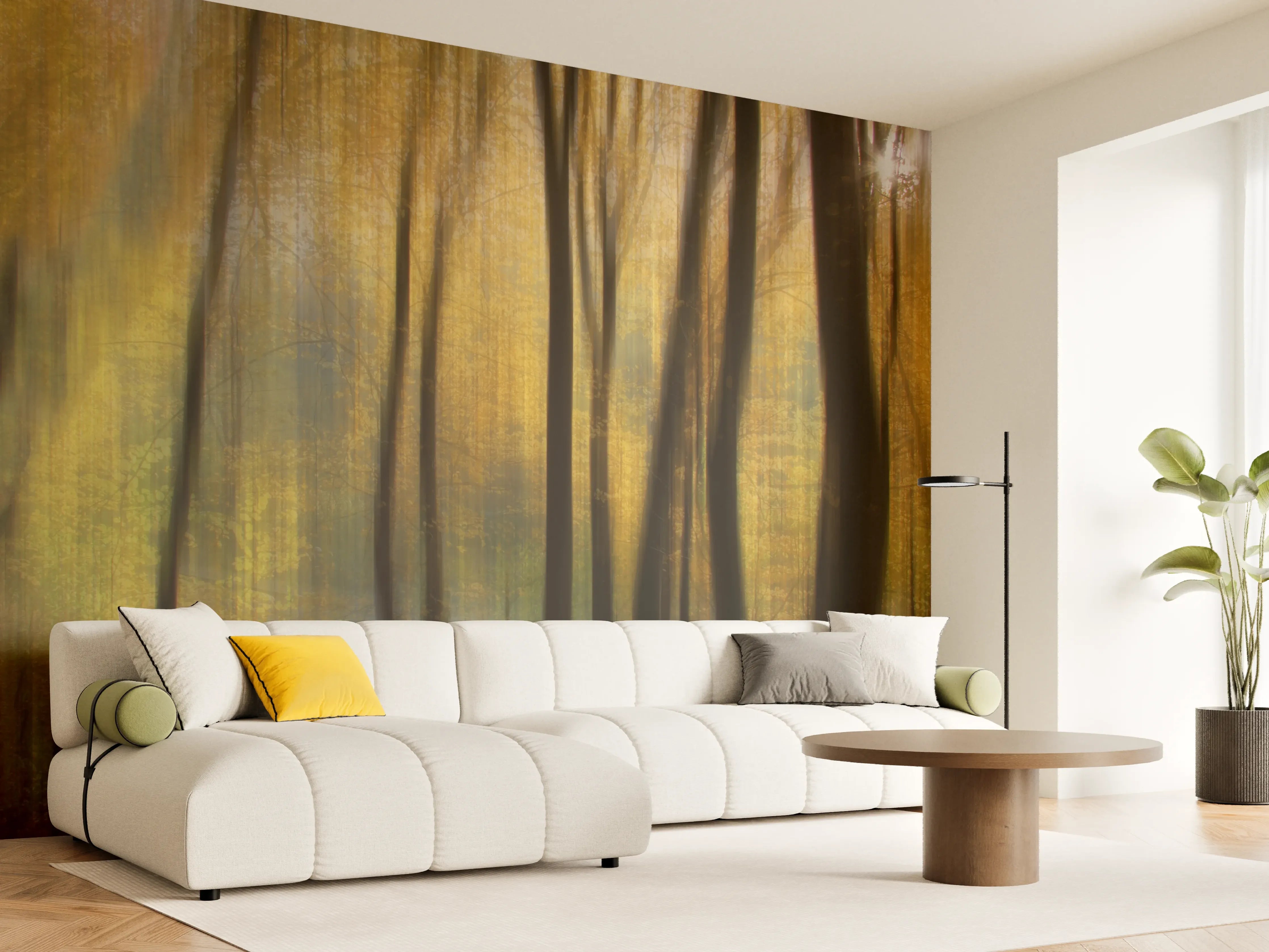 Wandverkleidung Wohnzimmer - Herbstlicher Waldboden mit Bäumen