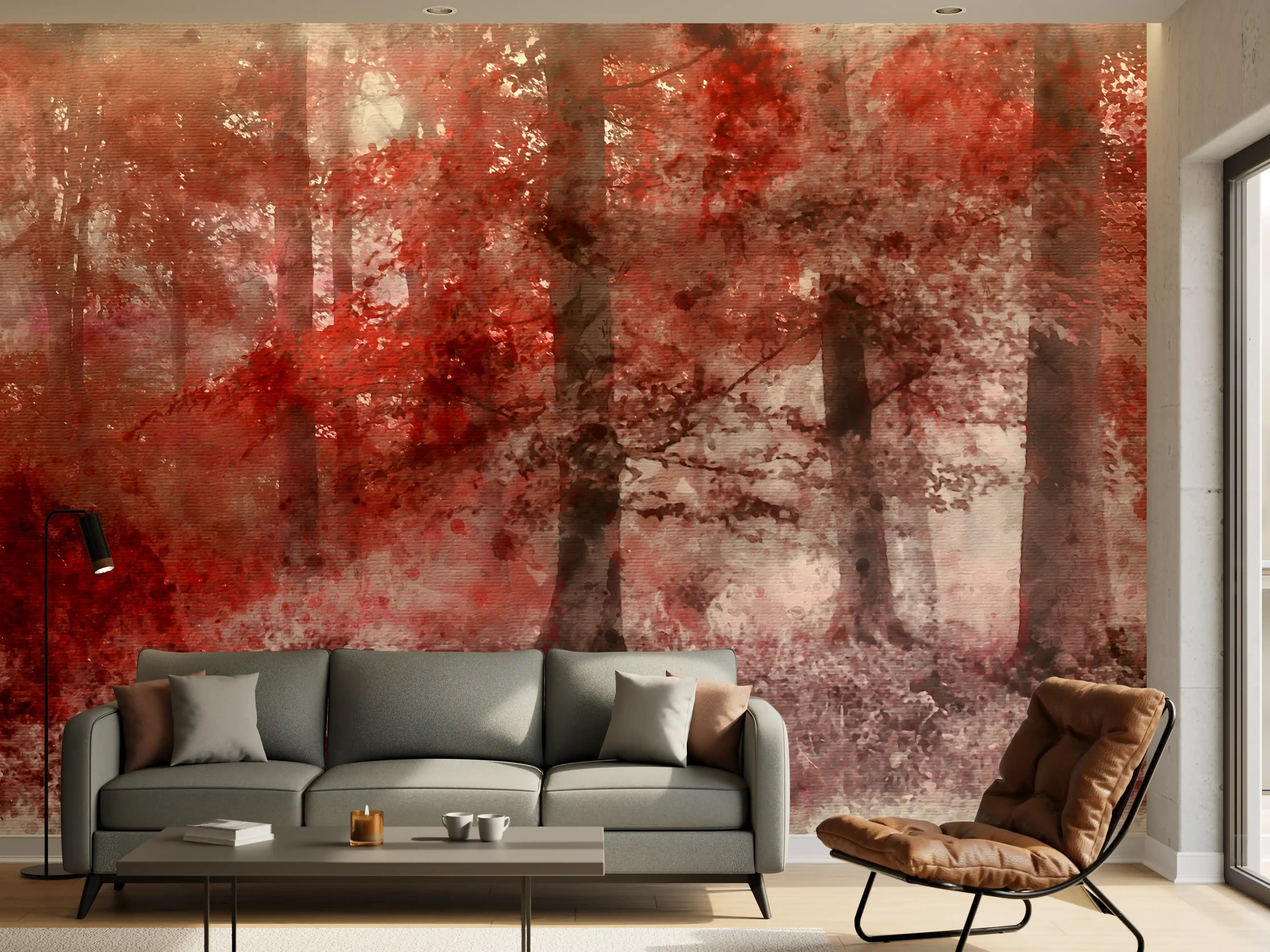 Wandverkleidung Wohnzimmer - Herbstlicher Waldspaziergang in Rot