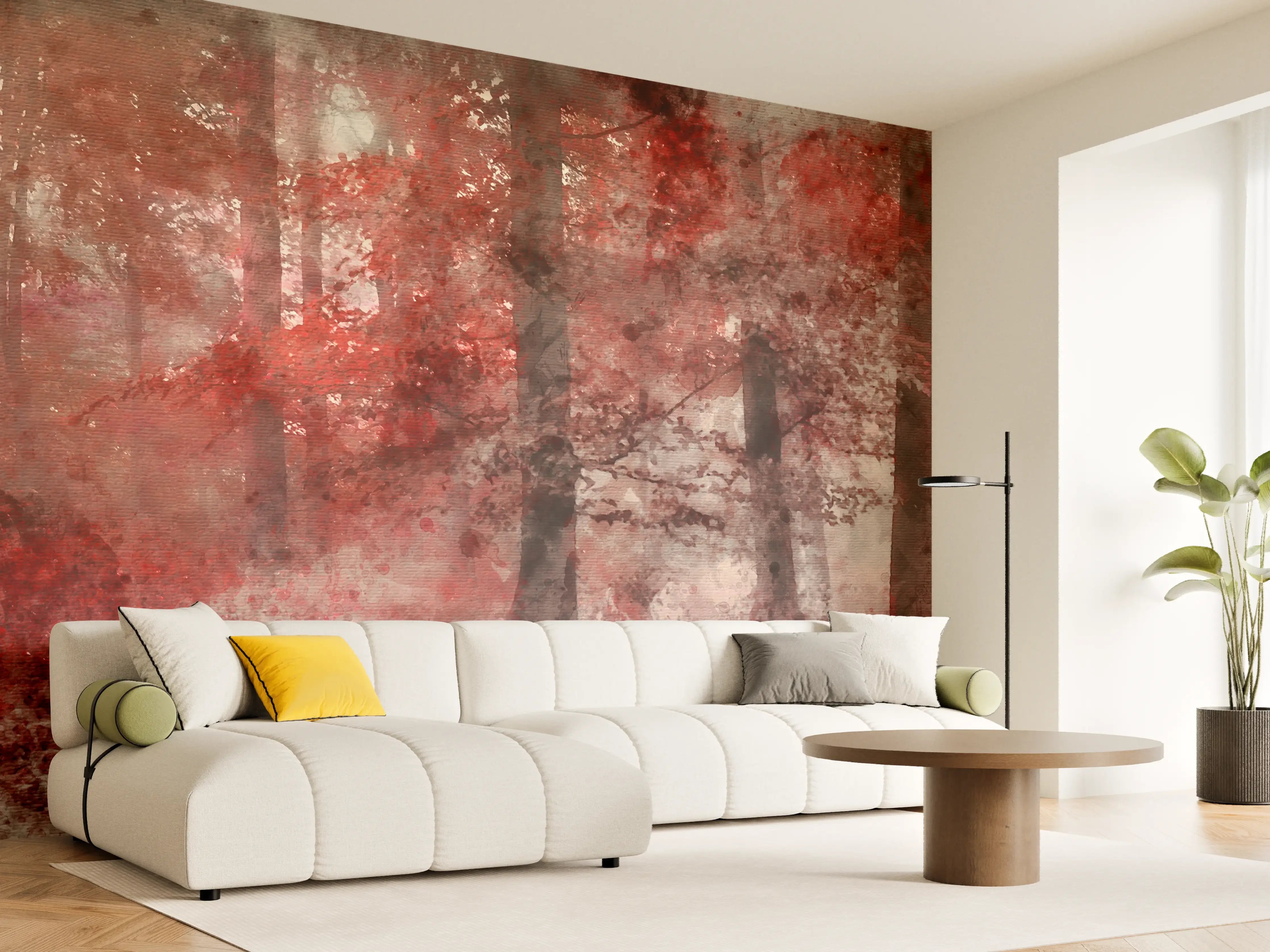 Wandverkleidung Wohnzimmer - Herbstlicher Waldspaziergang in Rot