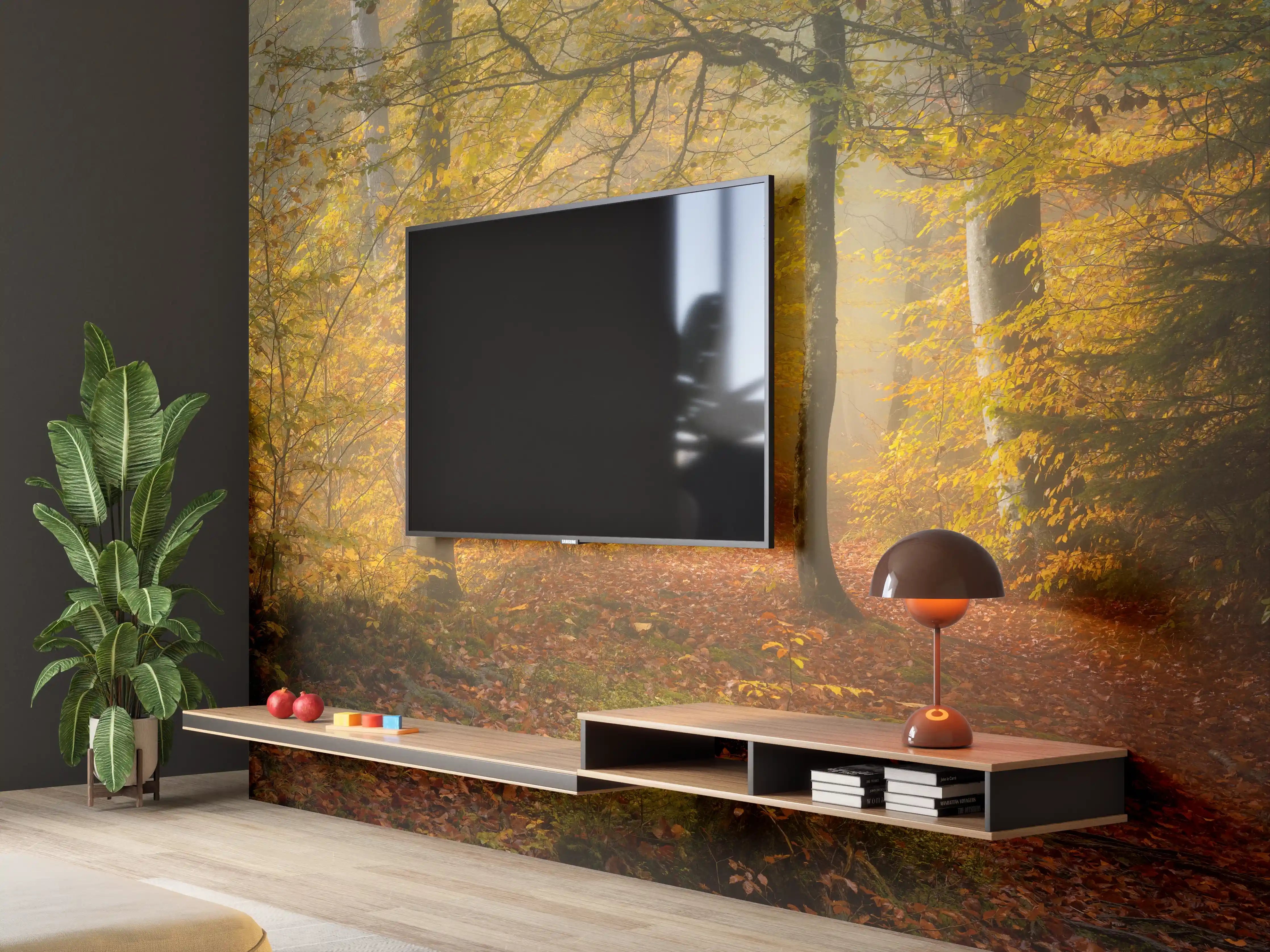 Wandverkleidung Wohnzimmer - Herbstlicher Waldspaziergang in sanftem Licht
