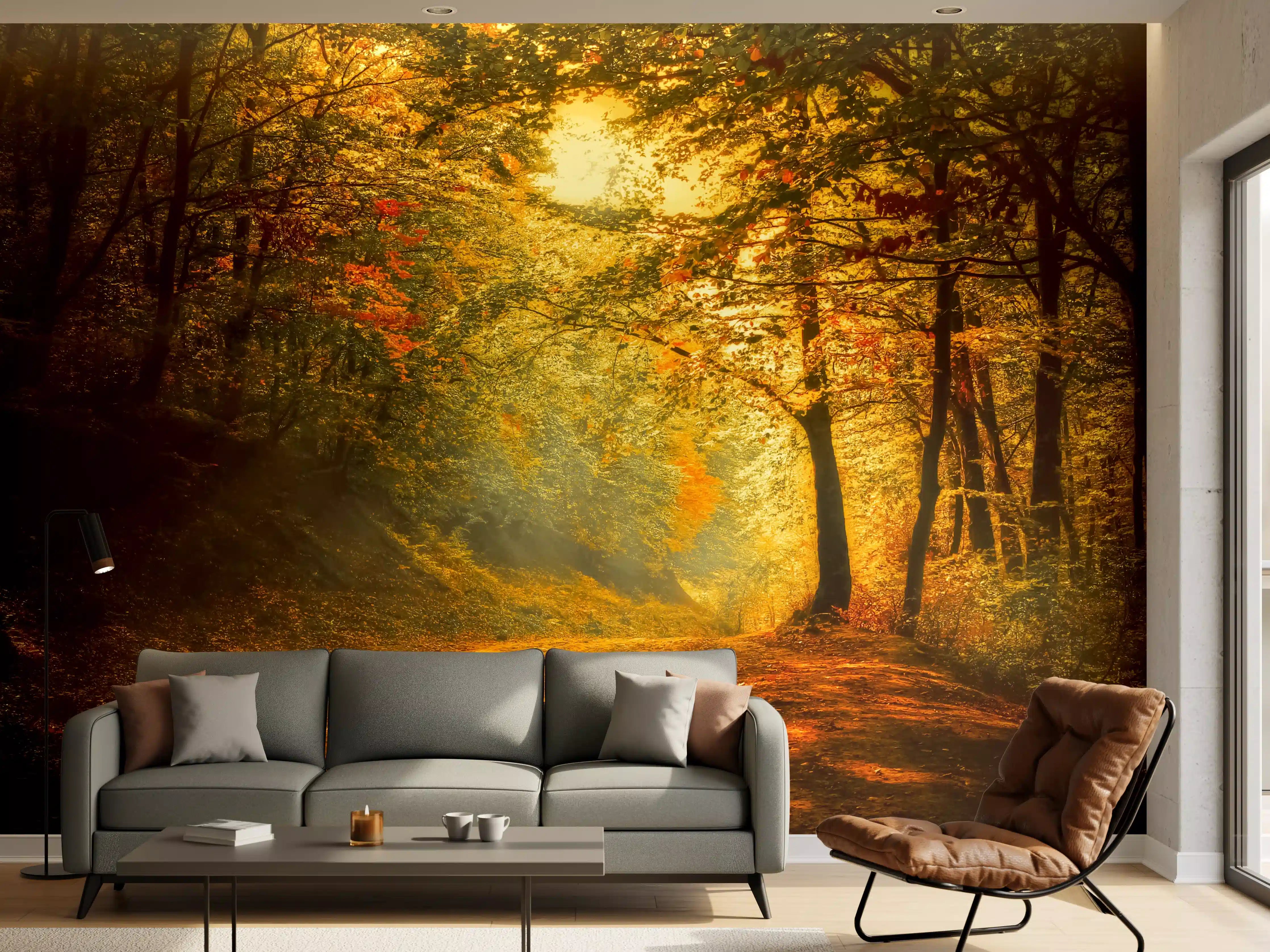 Wandverkleidung Wohnzimmer - Herbstlicher Waldweg bei Sonnenuntergang