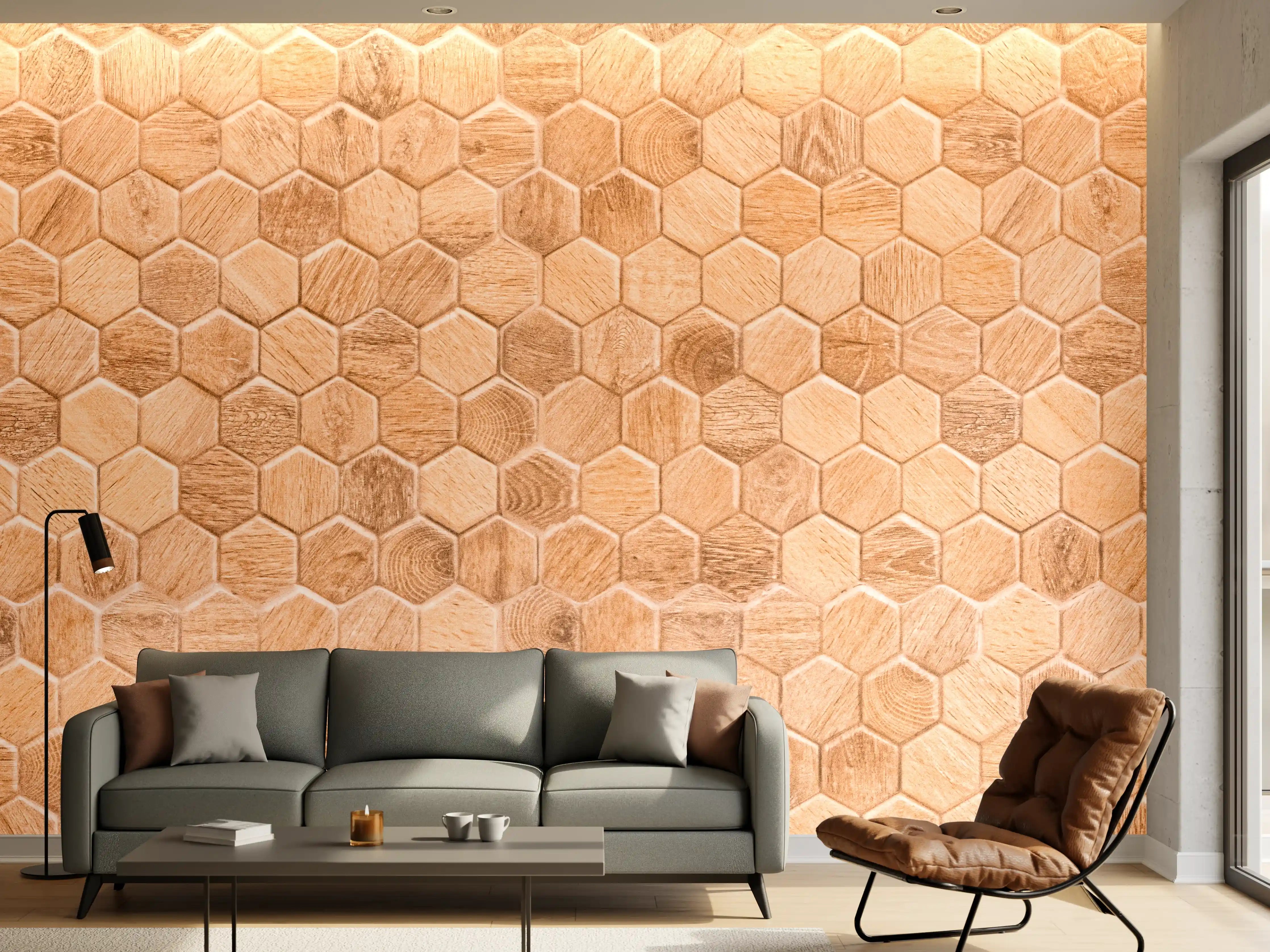 Wandverkleidung Wohnzimmer - Hexagon Holz Wabenmuster