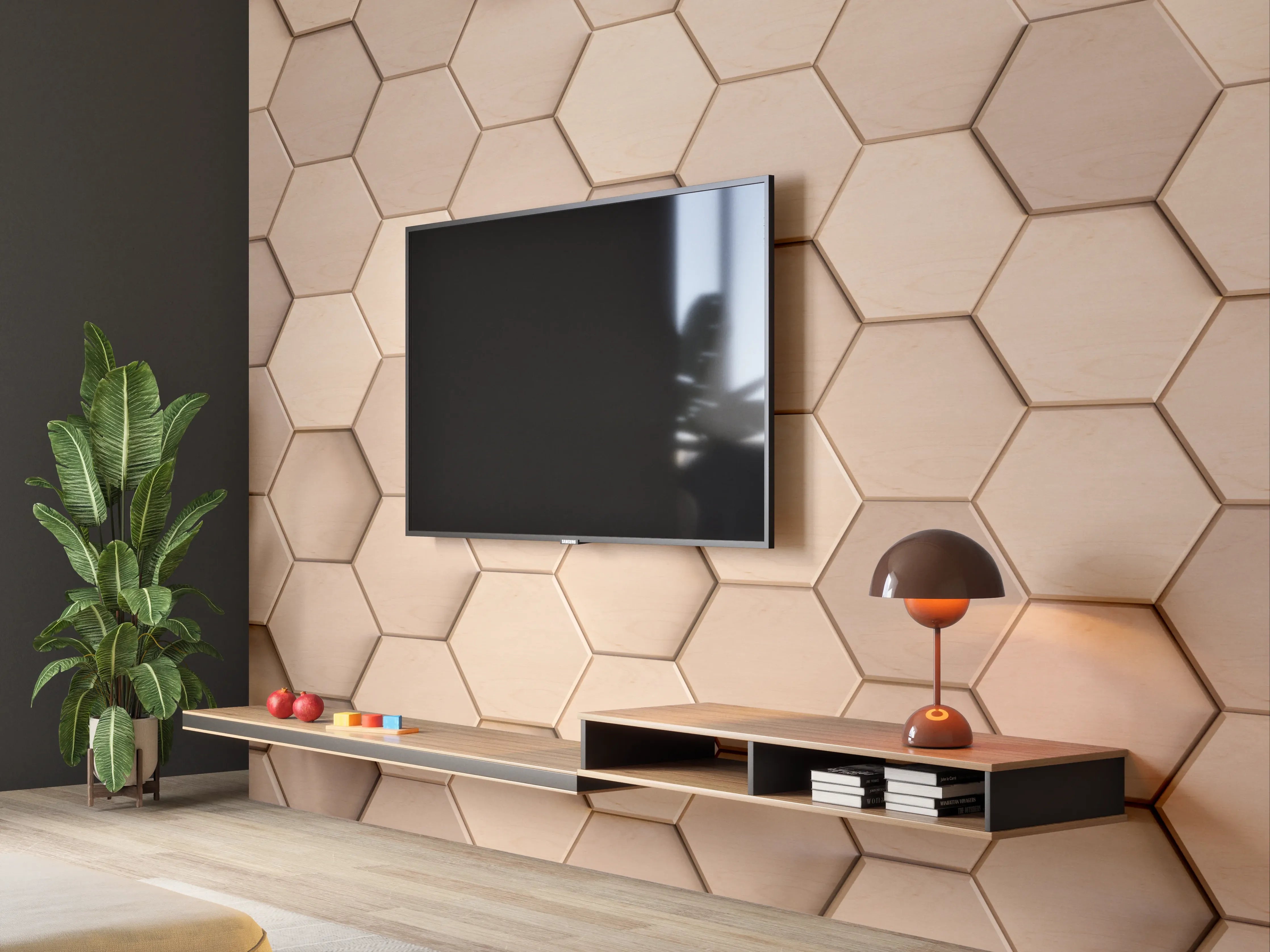 Wandverkleidung Wohnzimmer - Hexagonale Holzstruktur für modernes Design
