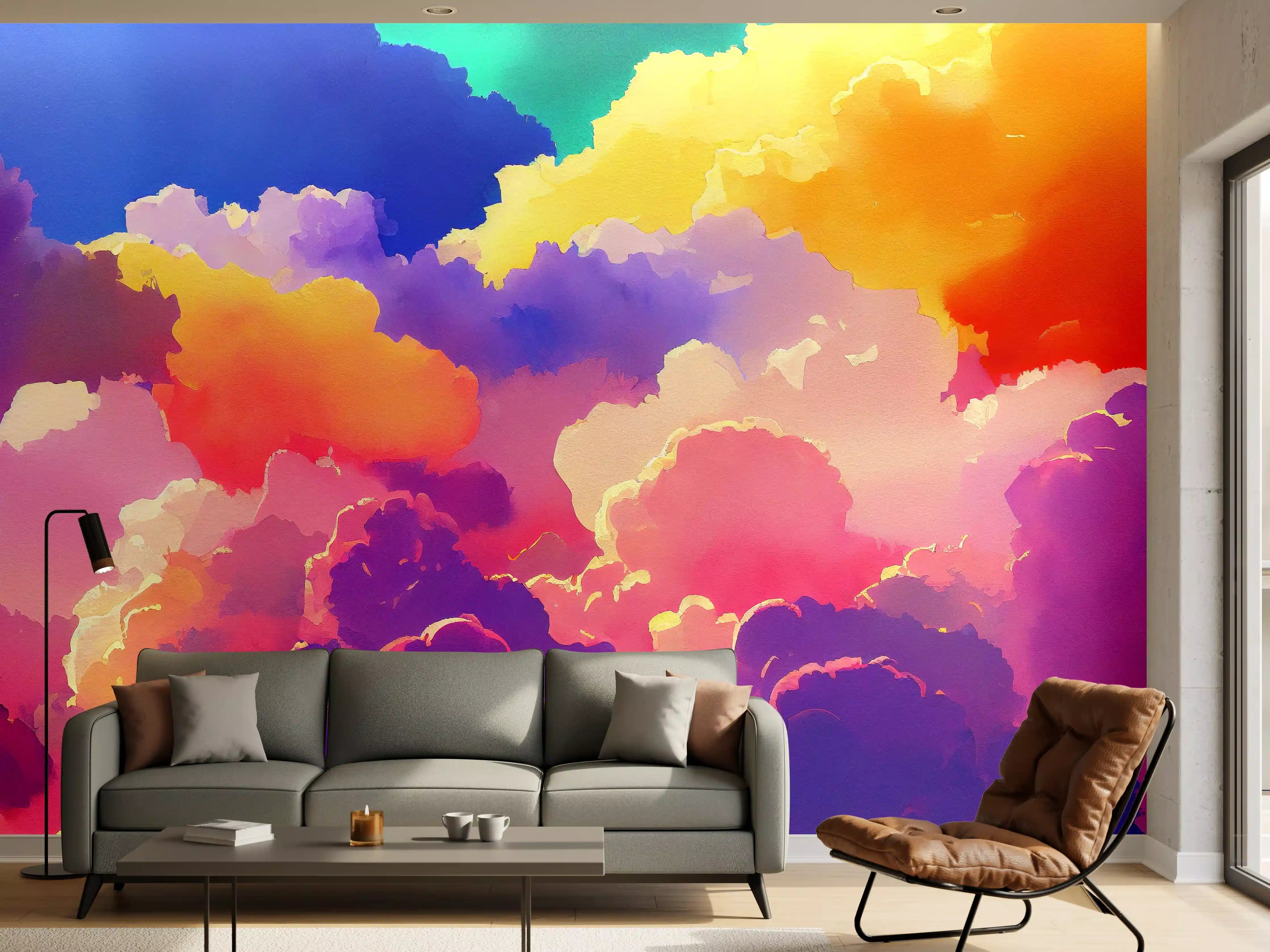 Wandverkleidung Wohnzimmer - Himmel mit Wolken. Aquarell Illustration von farbigen Wolken.