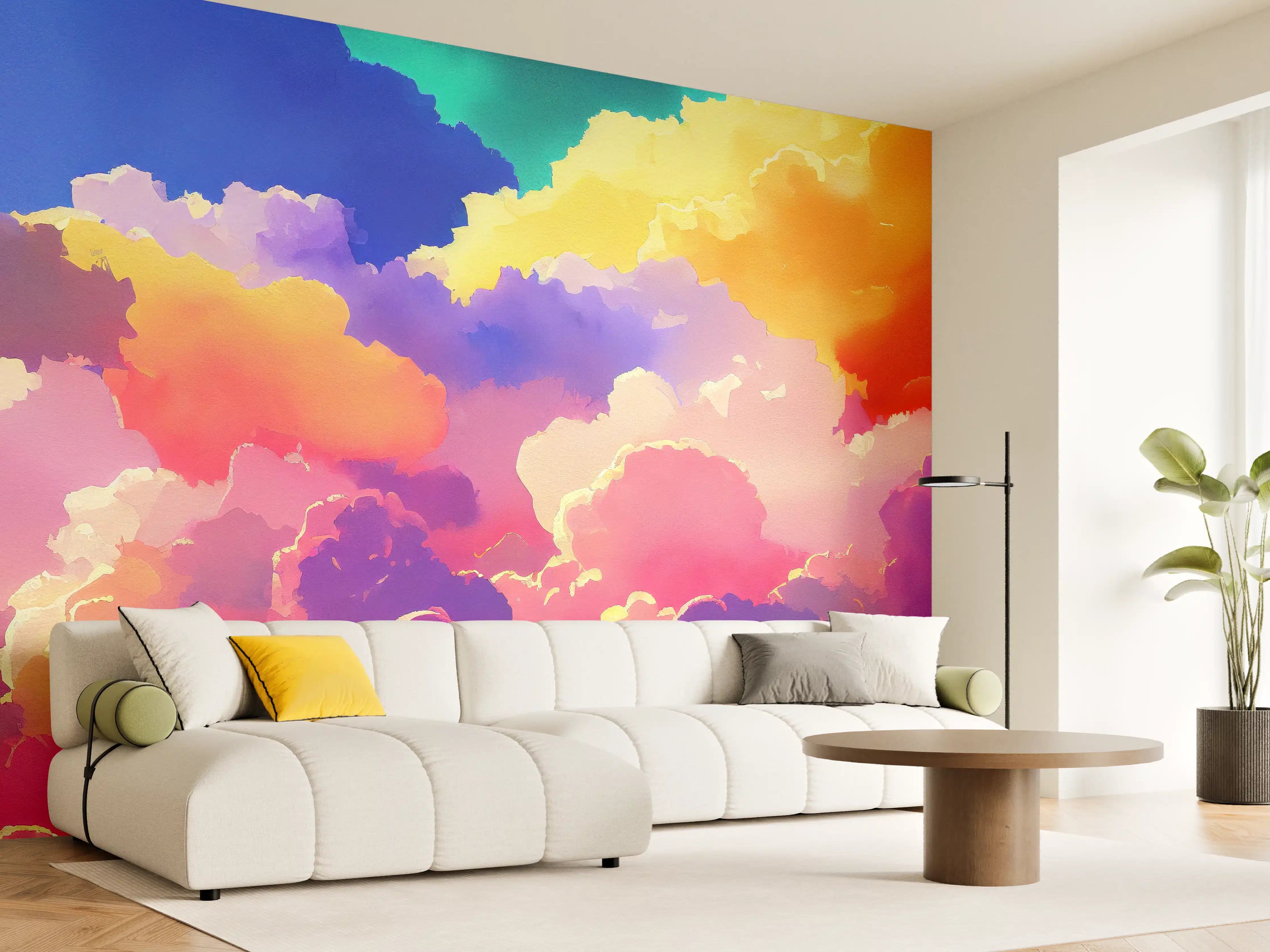 Wandverkleidung Wohnzimmer - Himmel mit Wolken. Aquarell Illustration von farbigen Wolken.