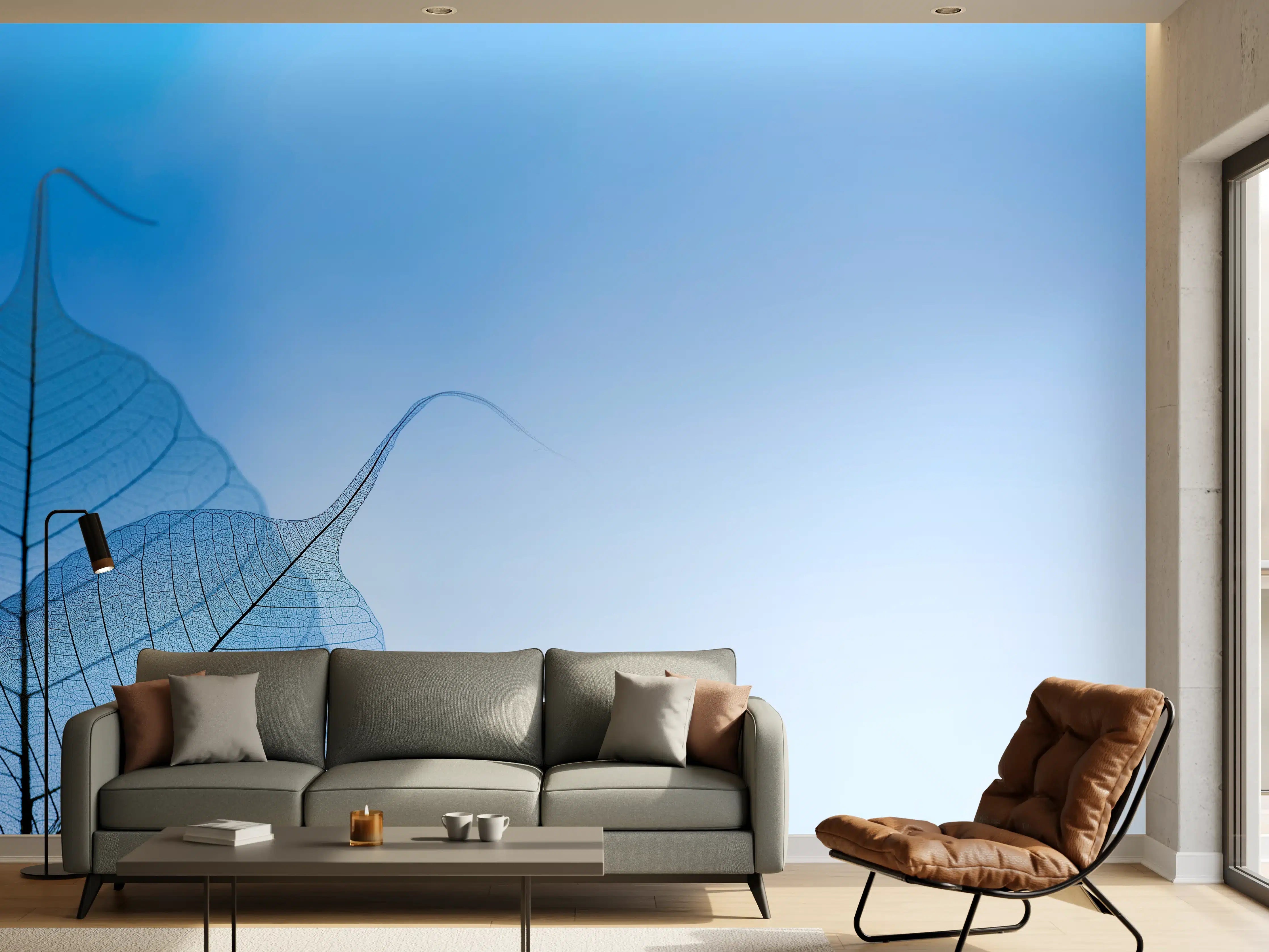 Wandverkleidung Wohnzimmer - Himmel und Blätter in Blau