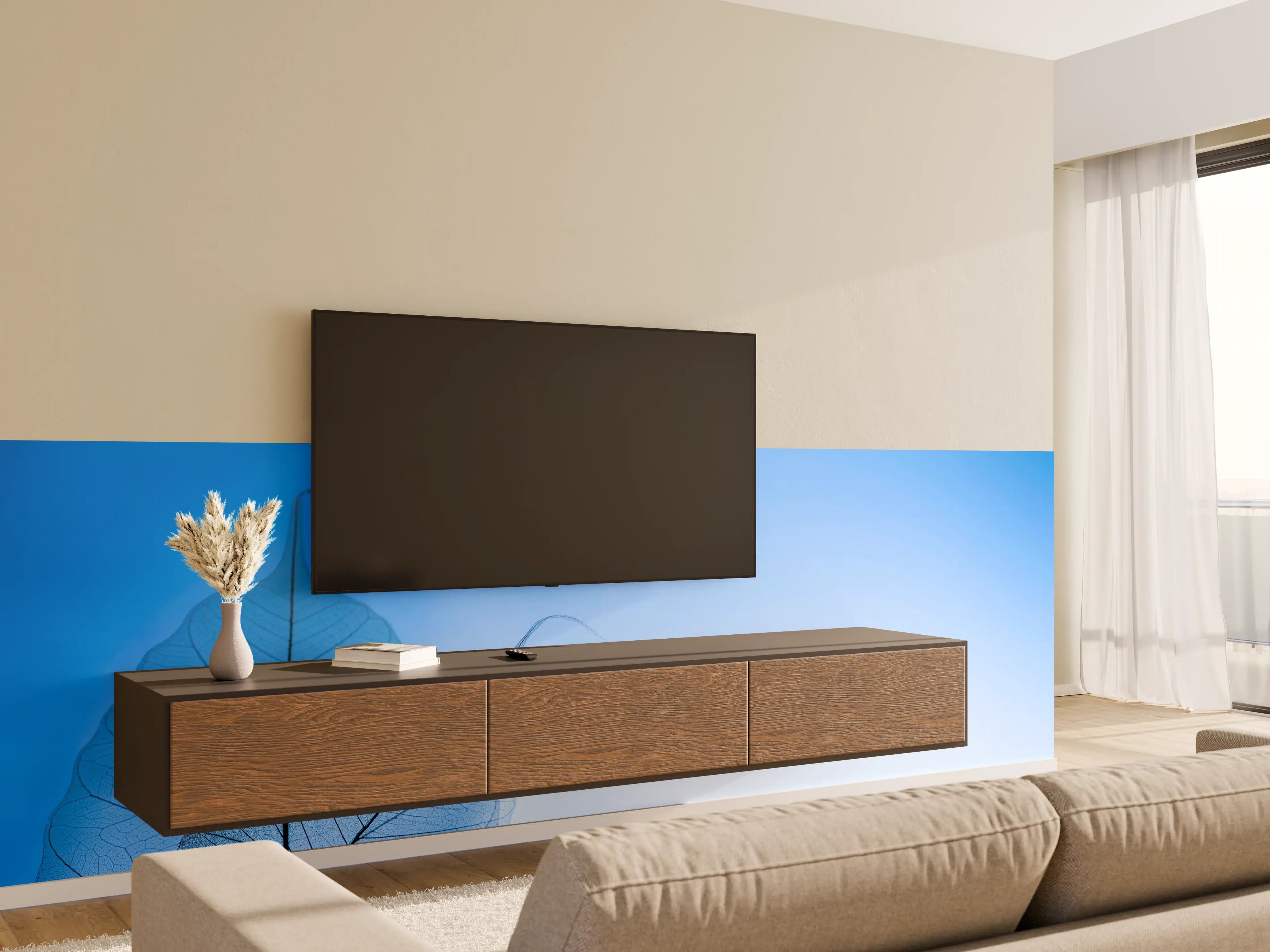 Wandverkleidung Wohnzimmer - Himmel und Blätter in Blau
