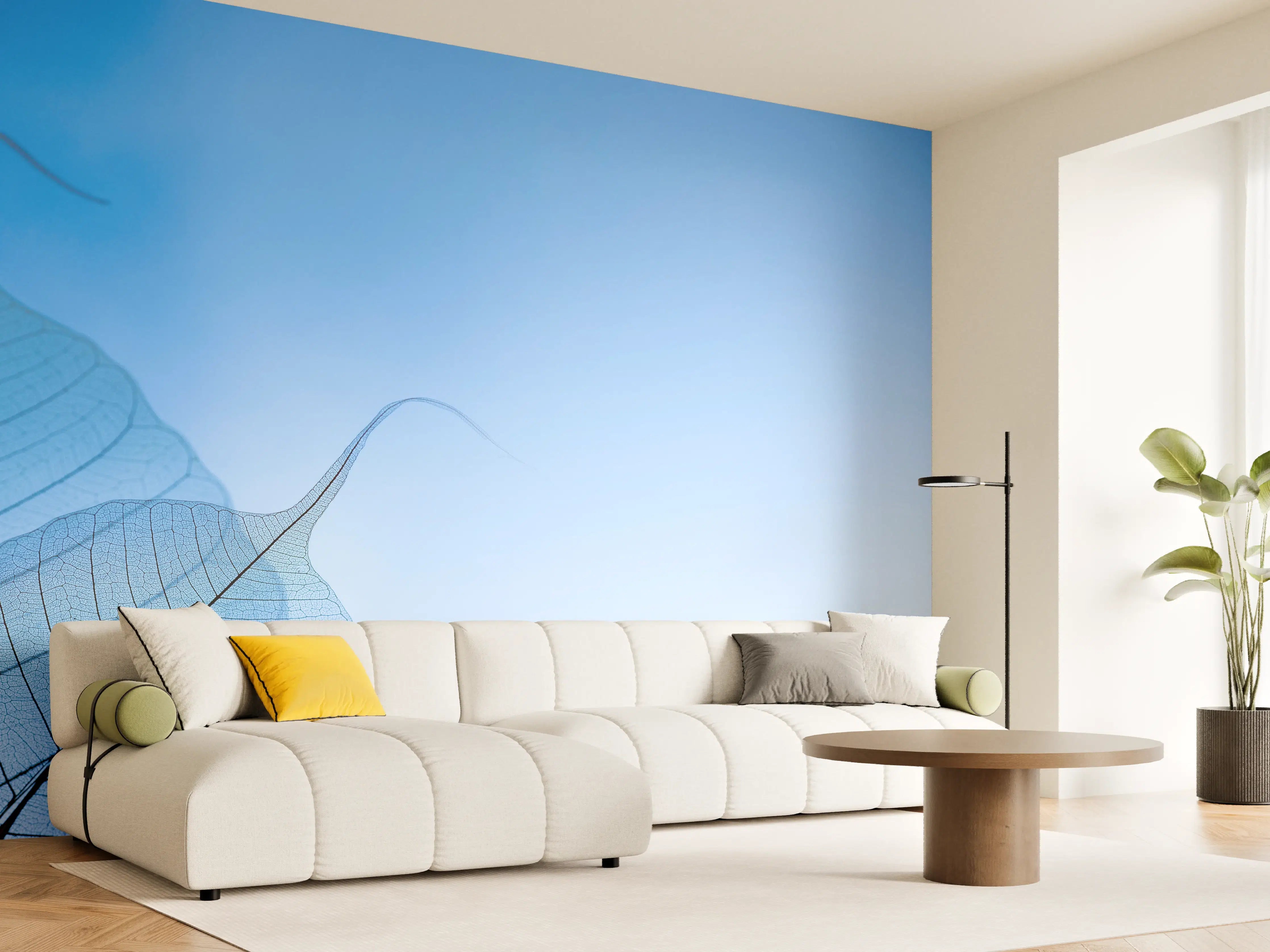 Wandverkleidung Wohnzimmer - Himmel und Blätter in Blau
