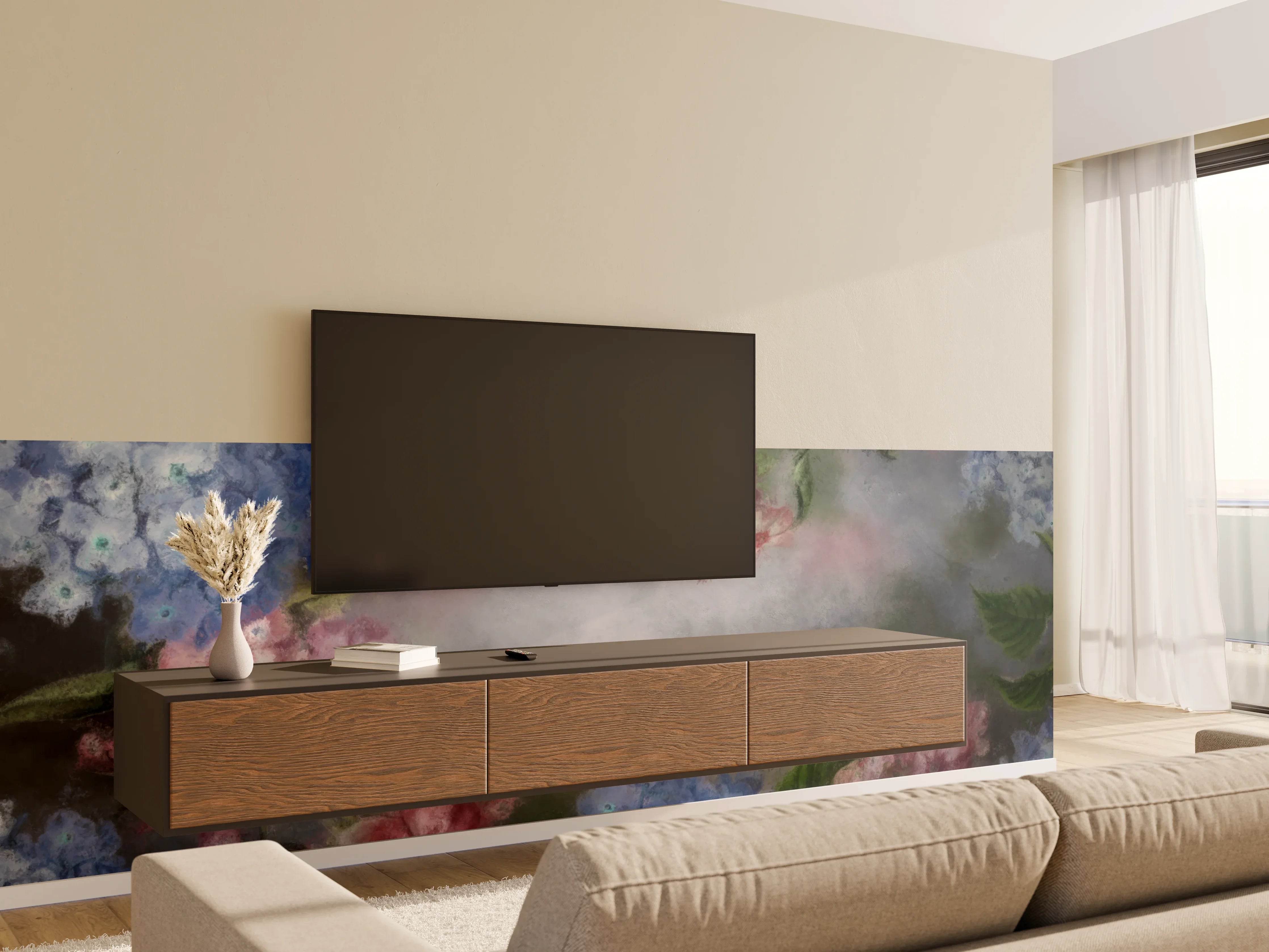 Wandverkleidung Wohnzimmer - Himmel und Blumen: Sanfte Farbpalette