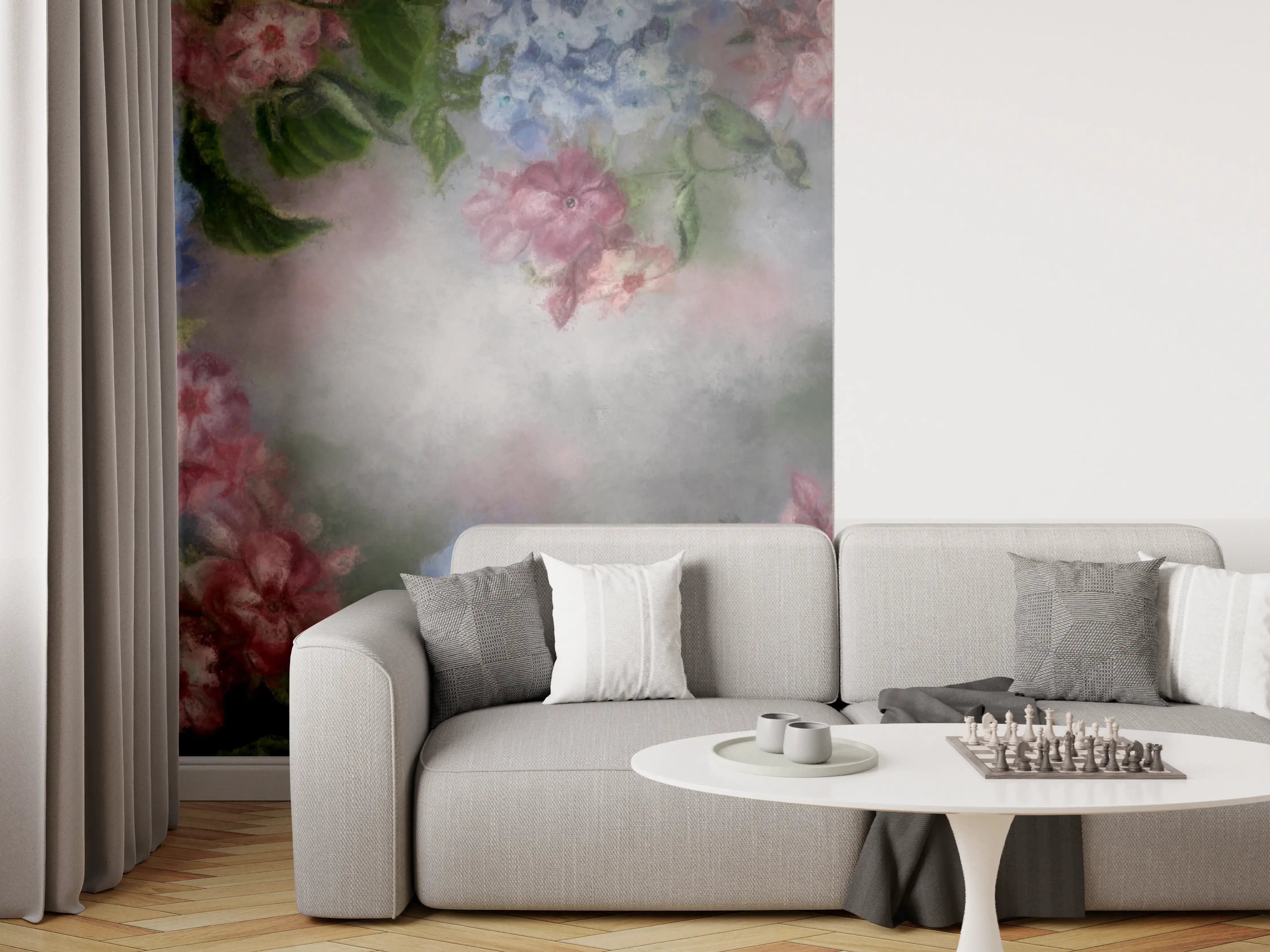 Wandverkleidung Wohnzimmer - Himmel und Blumen: Sanfte Farbpalette
