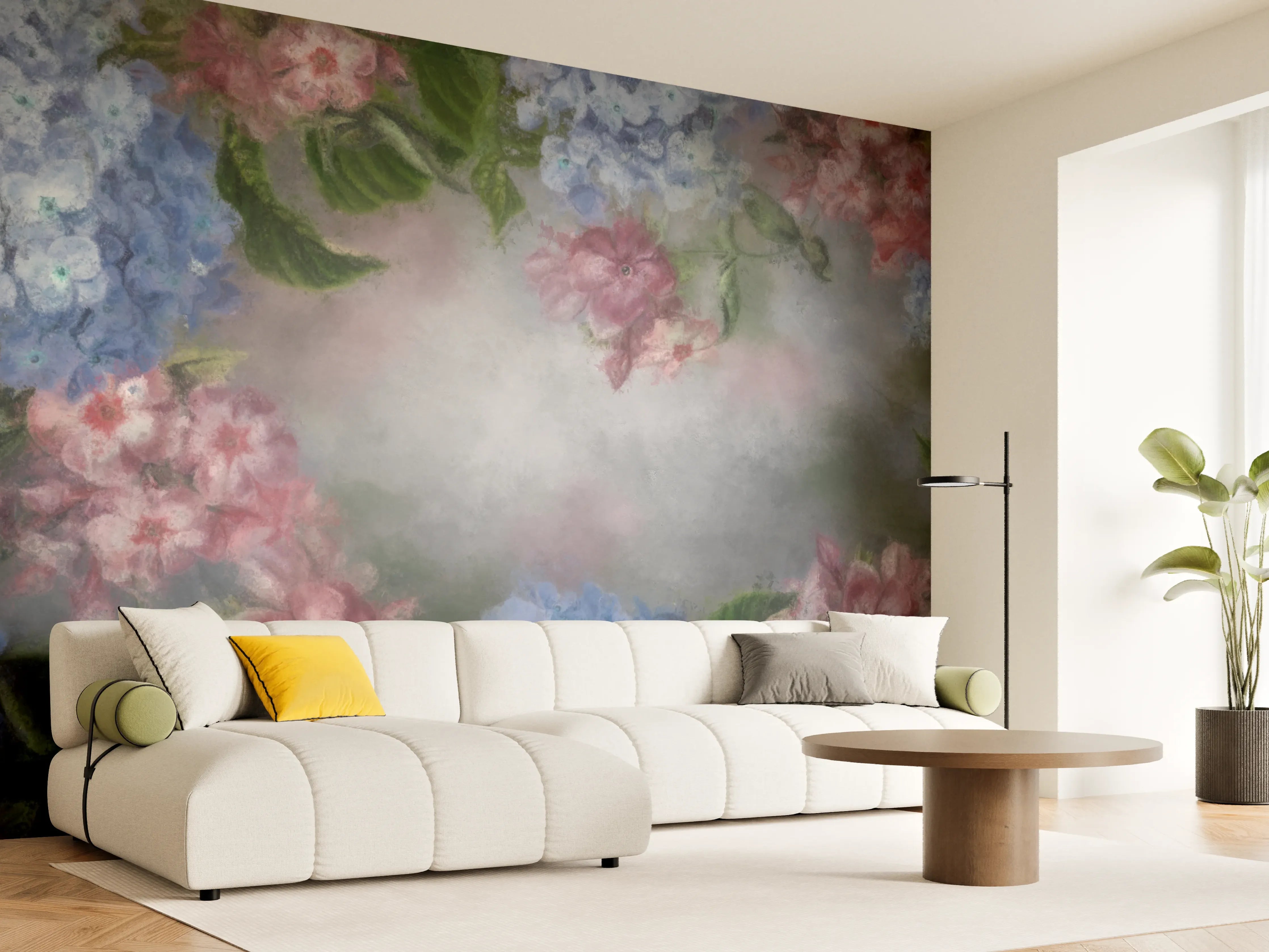 Wandverkleidung Wohnzimmer - Himmel und Blumen: Sanfte Farbpalette